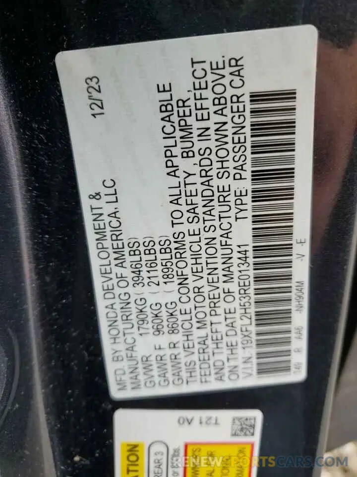 12 fotografías del automóvil dañado 19XFL2H53RE013441 HONDA CIVIC 2024