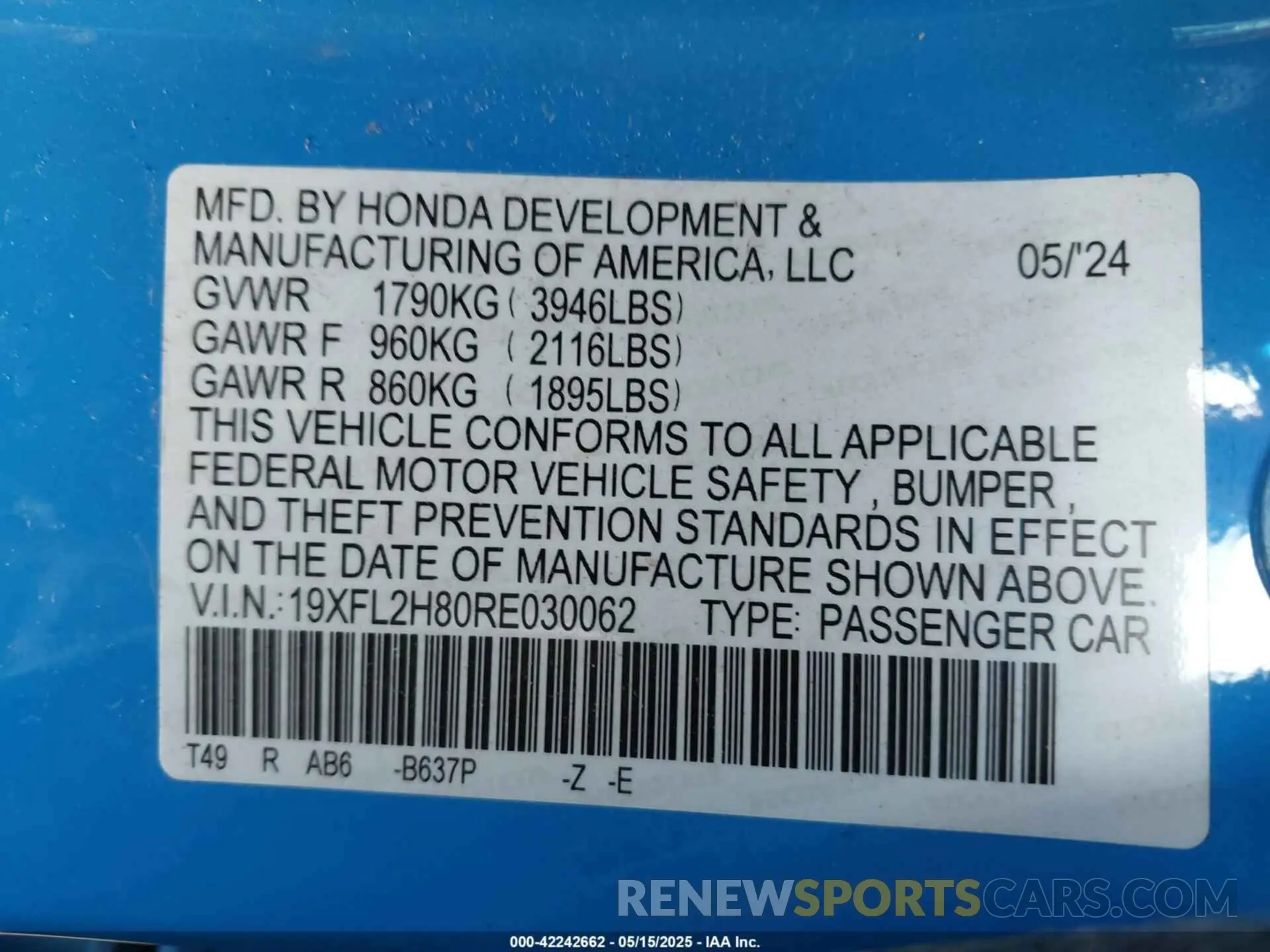 9 fotografías del automóvil dañado 19XFL2H80RE030062 HONDA CIVIC 2024