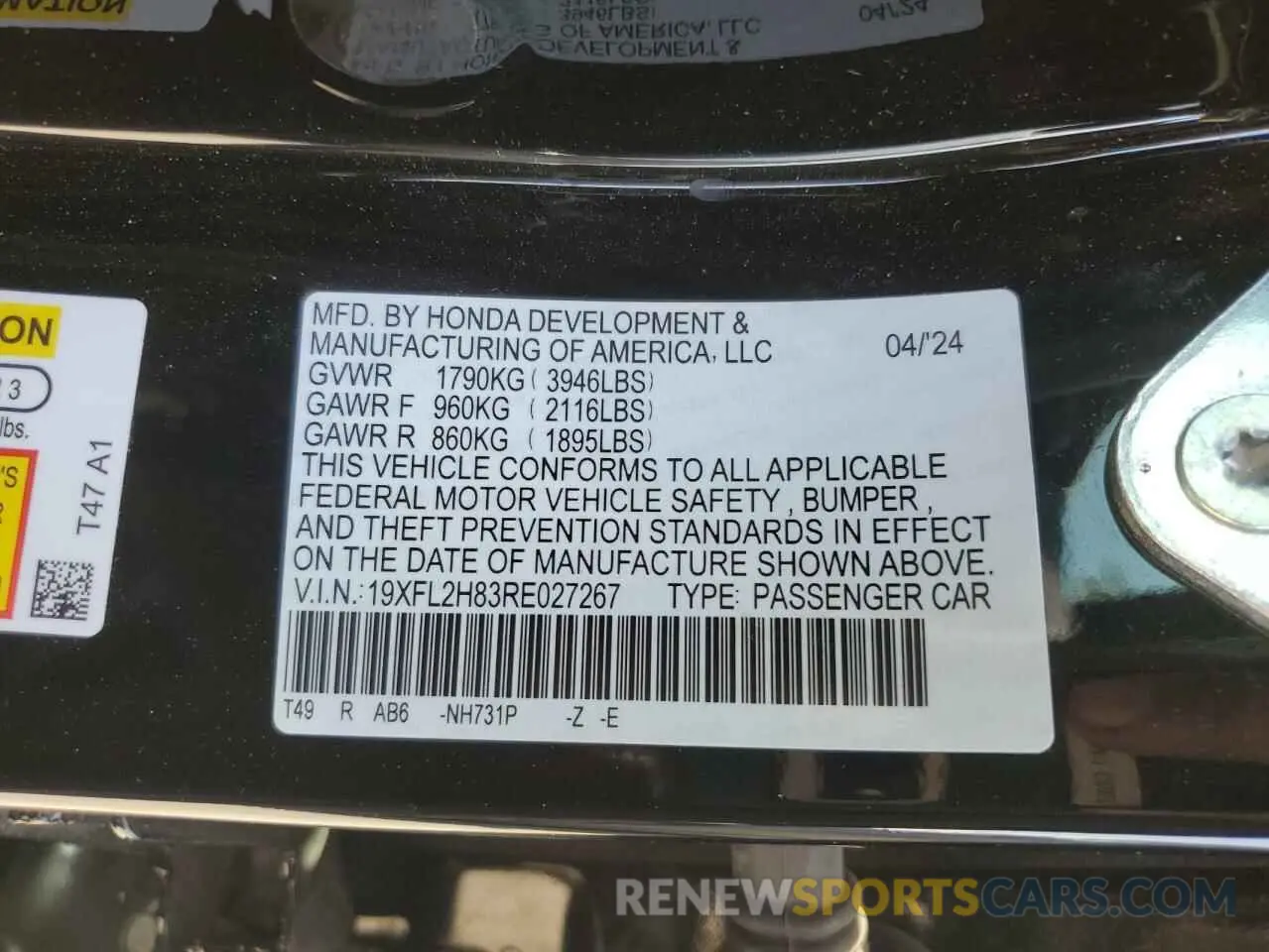 12 fotografías del automóvil dañado 19XFL2H83RE027267 HONDA CIVIC 2024