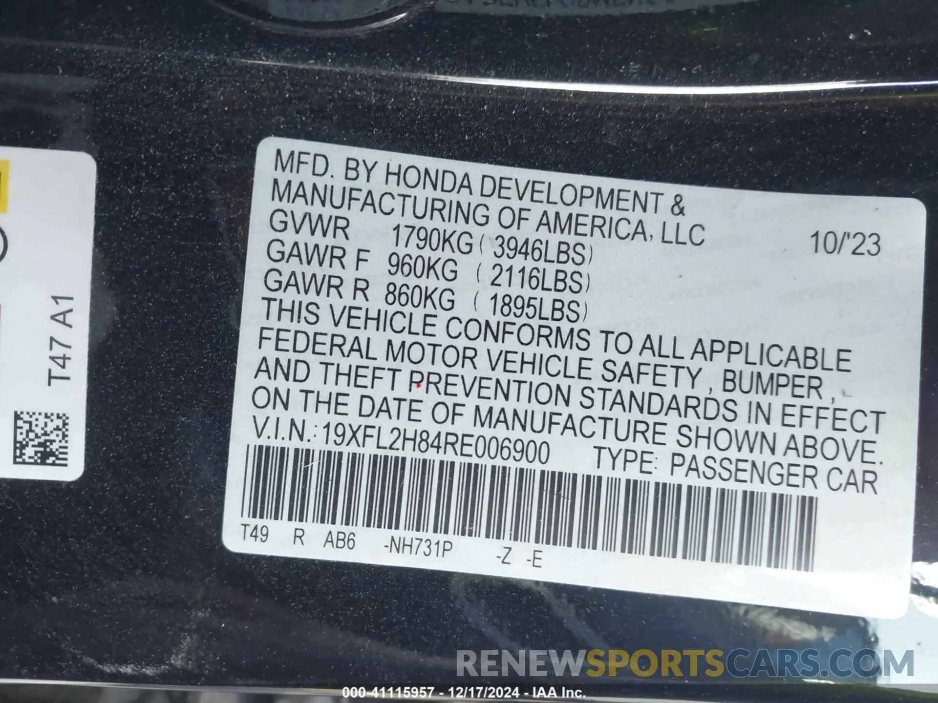9 fotografías del automóvil dañado 19XFL2H84RE006900 HONDA CIVIC 2024