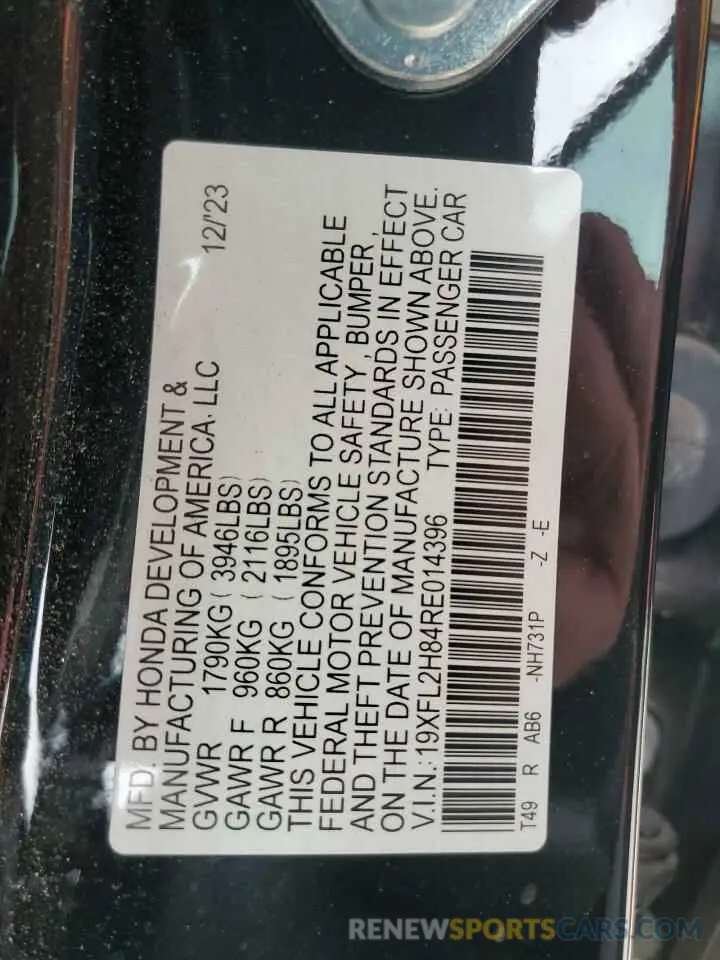12 fotografías del automóvil dañado 19XFL2H84RE014396 HONDA CIVIC 2024