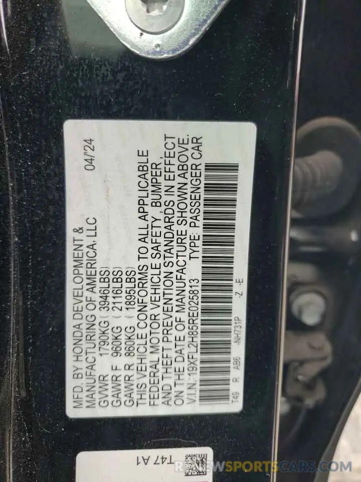 14 fotografías del automóvil dañado 19XFL2H85RE025813 HONDA CIVIC 2024