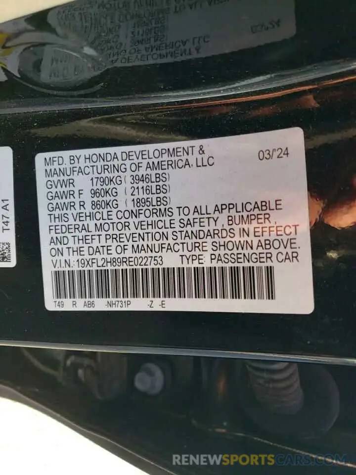 12 fotografías del automóvil dañado 19XFL2H89RE022753 HONDA CIVIC 2024