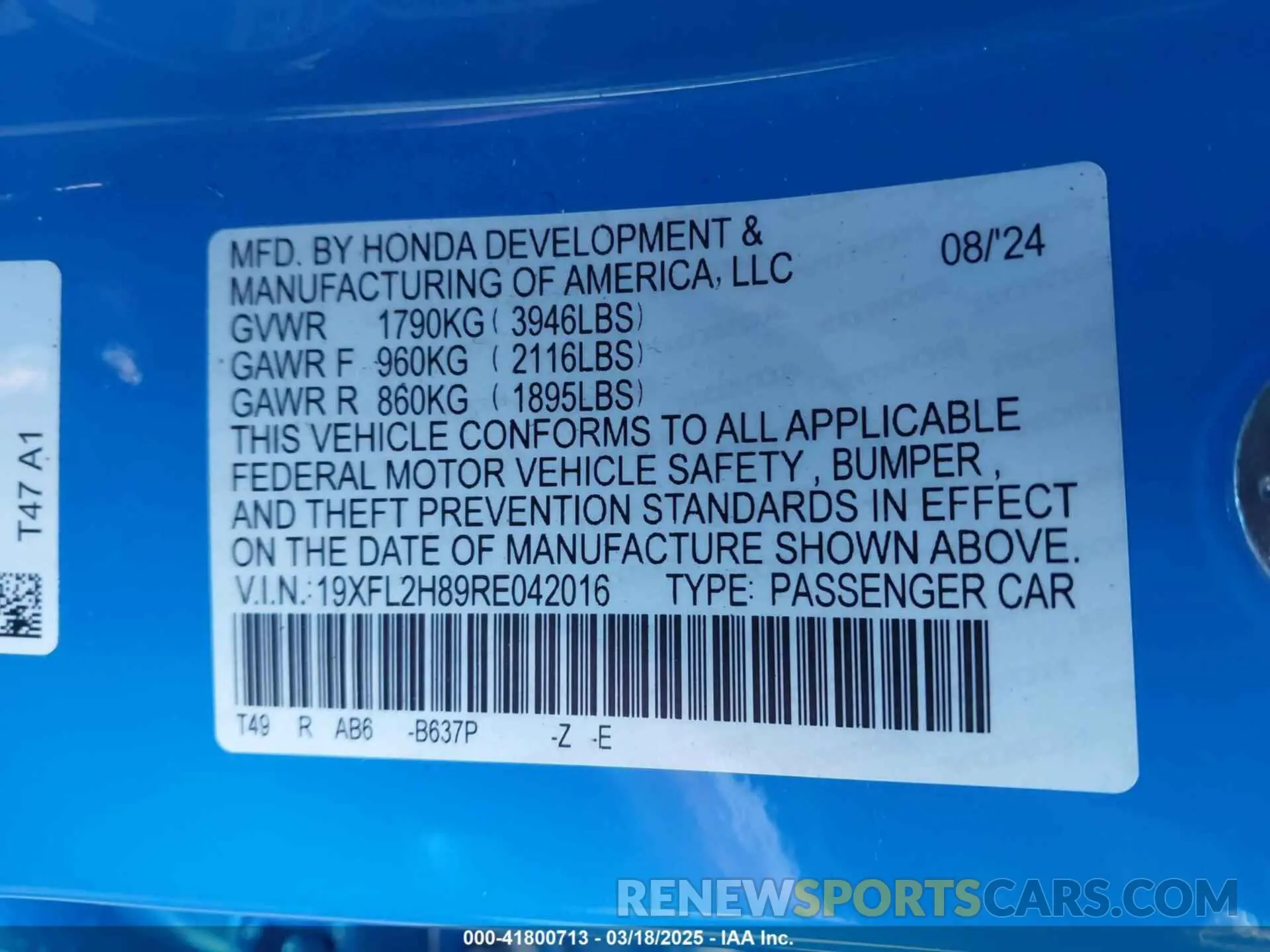 9 fotografías del automóvil dañado 19XFL2H89RE042016 HONDA CIVIC 2024