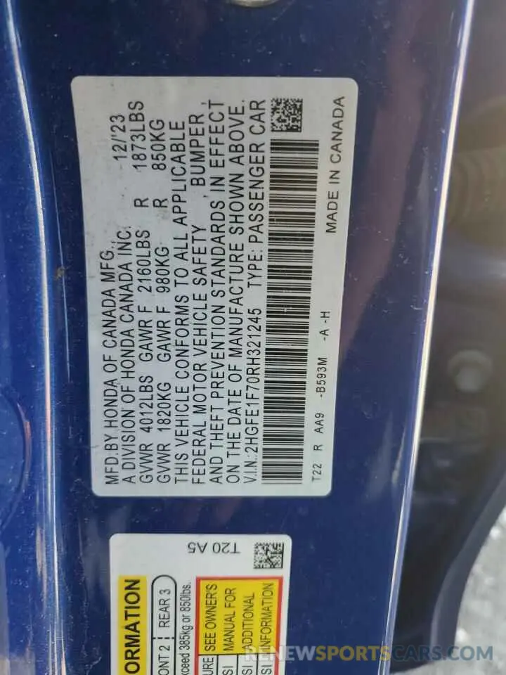 12 fotografías del automóvil dañado 2HGFE1F70RH321245 HONDA CIVIC 2024