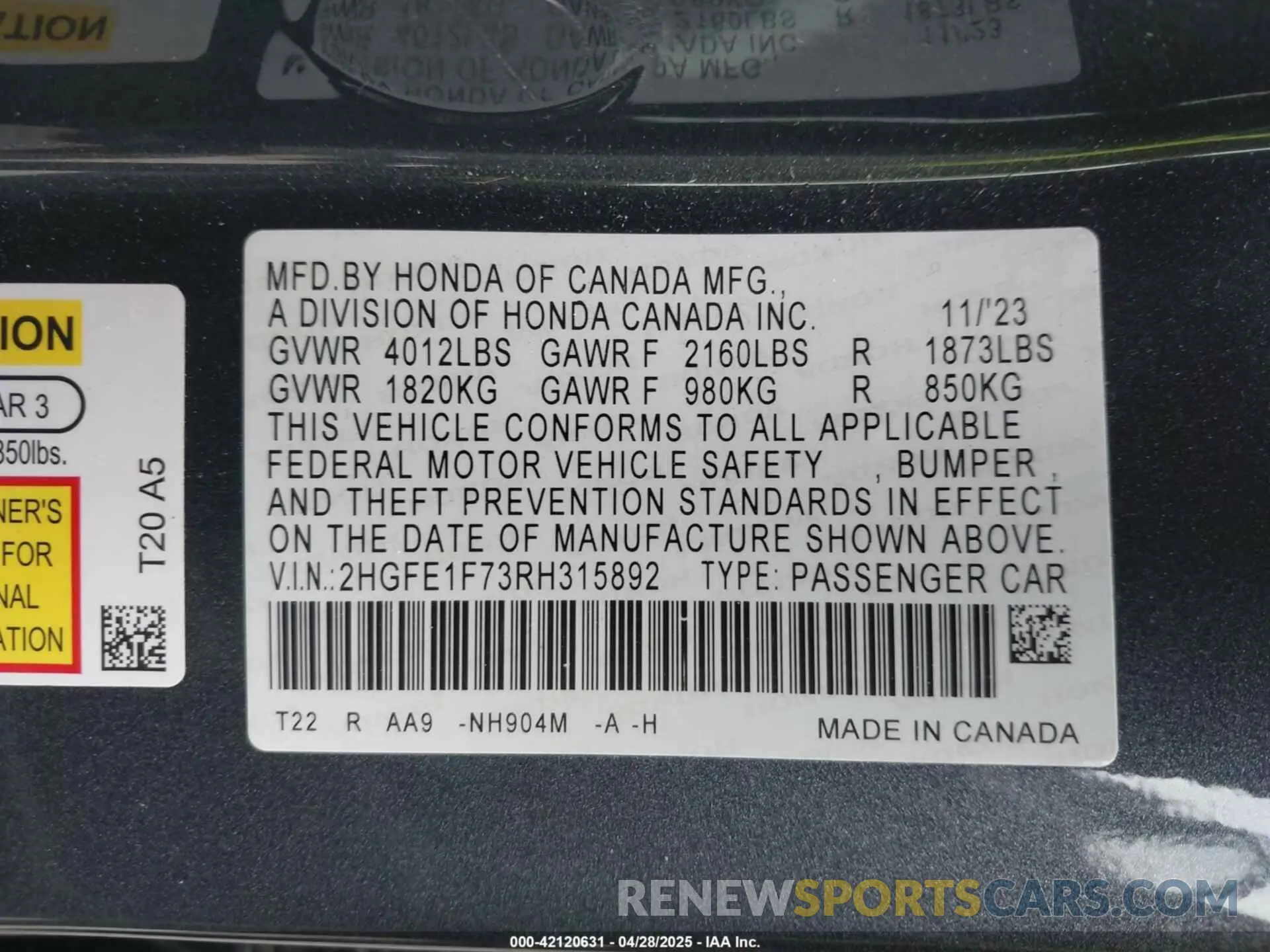 9 fotografías del automóvil dañado 2HGFE1F73RH315892 HONDA CIVIC 2024