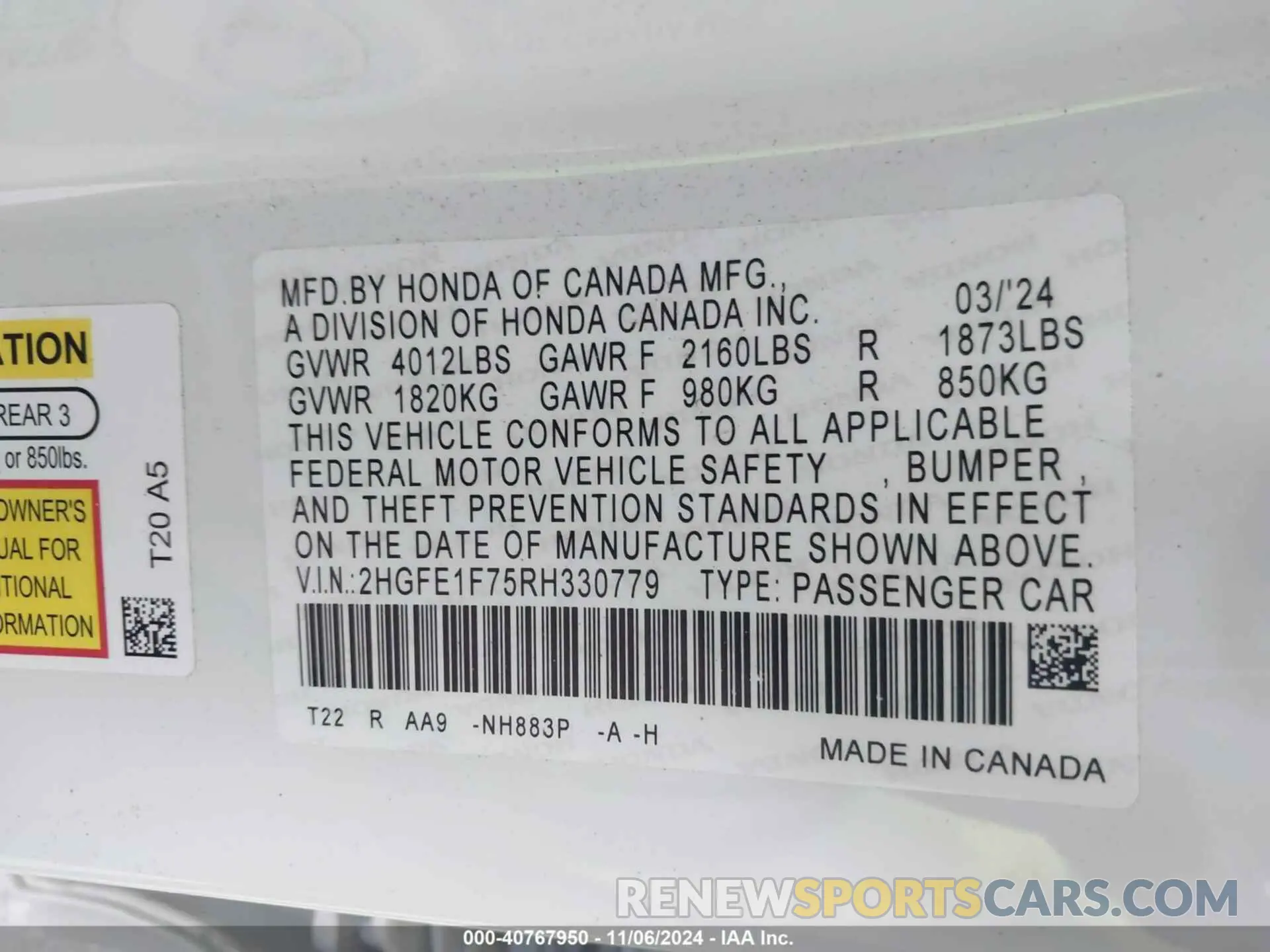 9 fotografías del automóvil dañado 2HGFE1F75RH330779 HONDA CIVIC 2024