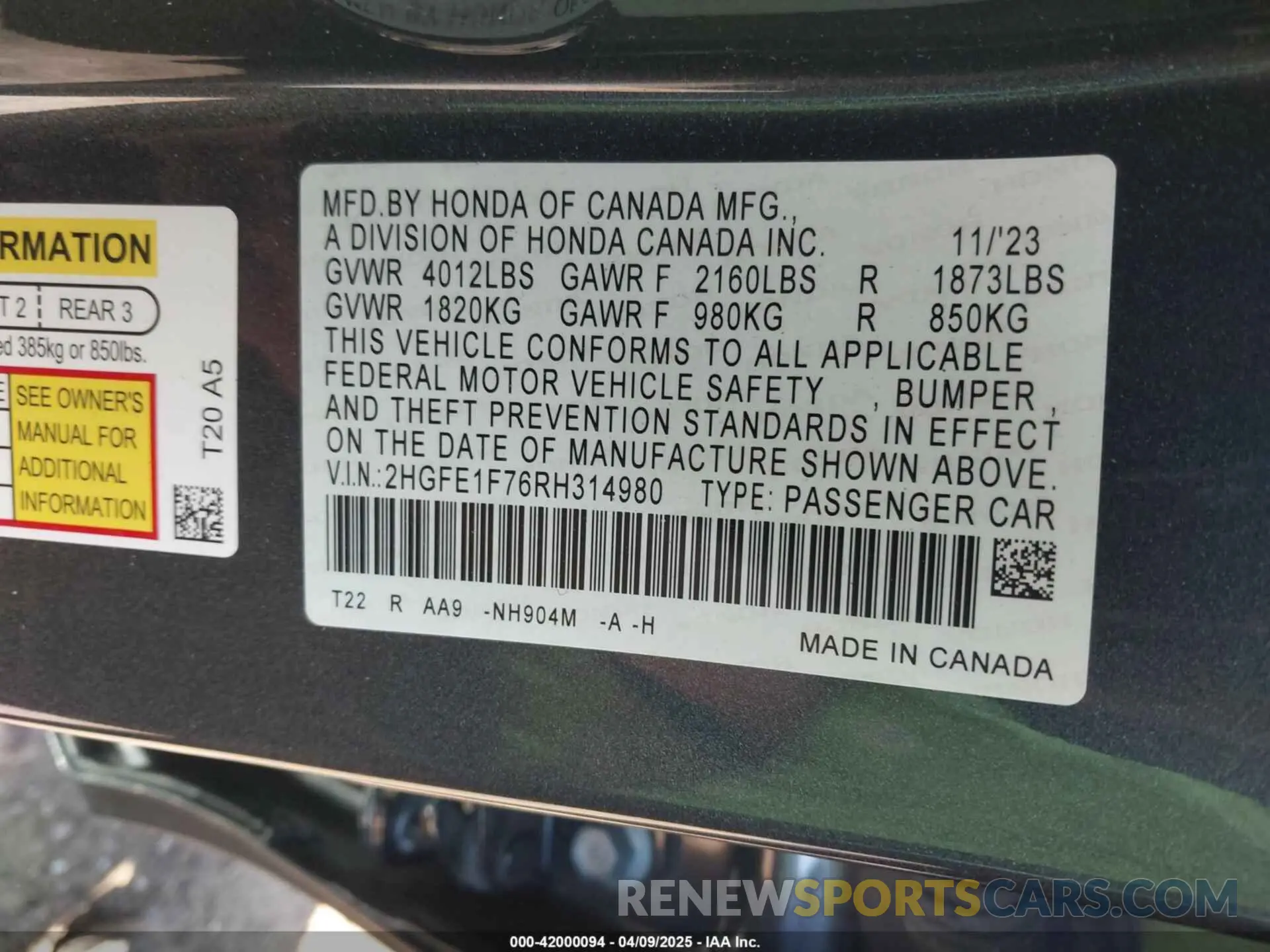 9 fotografías del automóvil dañado 2HGFE1F76RH314980 HONDA CIVIC 2024