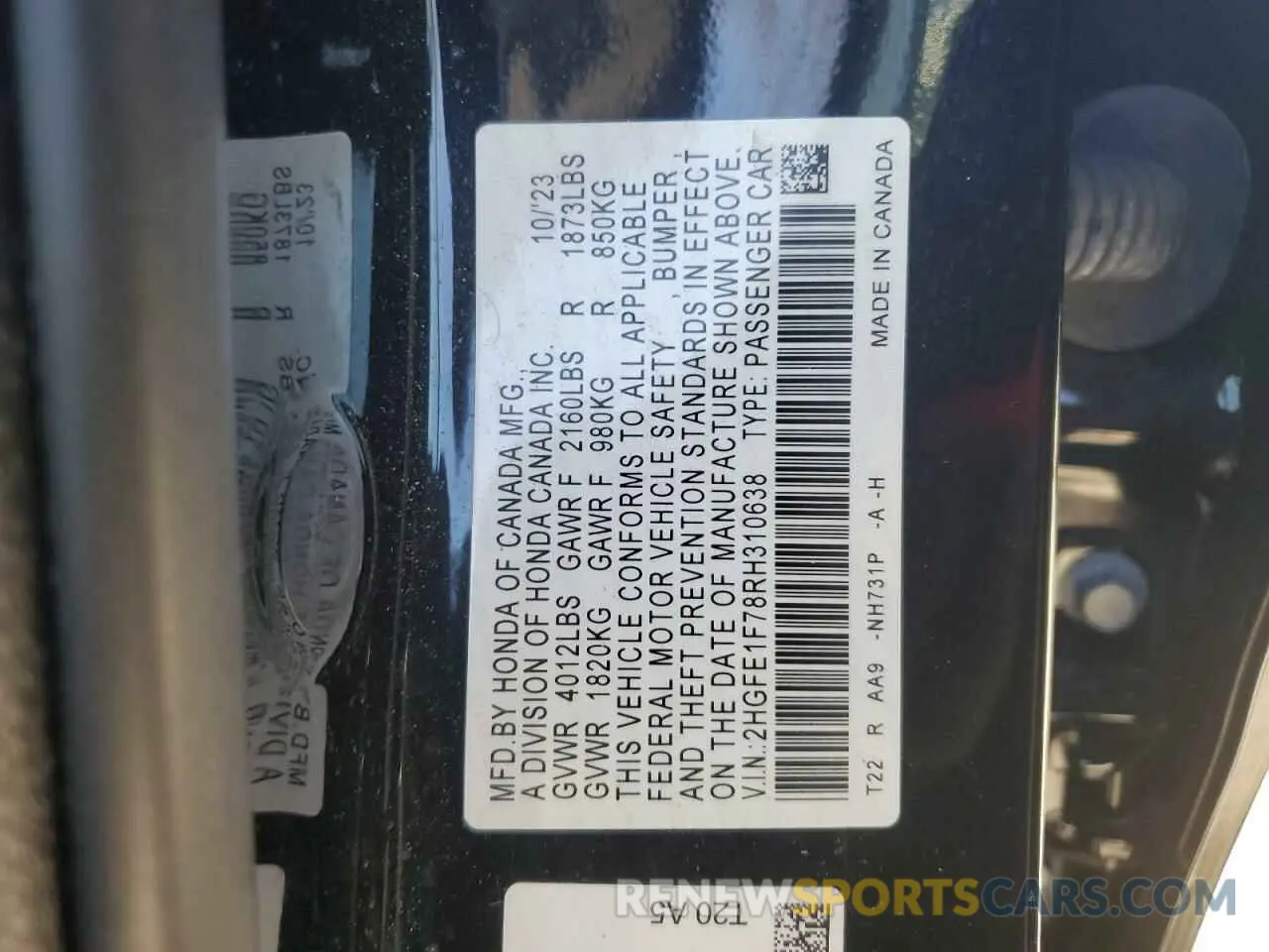 14 fotografías del automóvil dañado 2HGFE1F78RH310638 HONDA CIVIC 2024