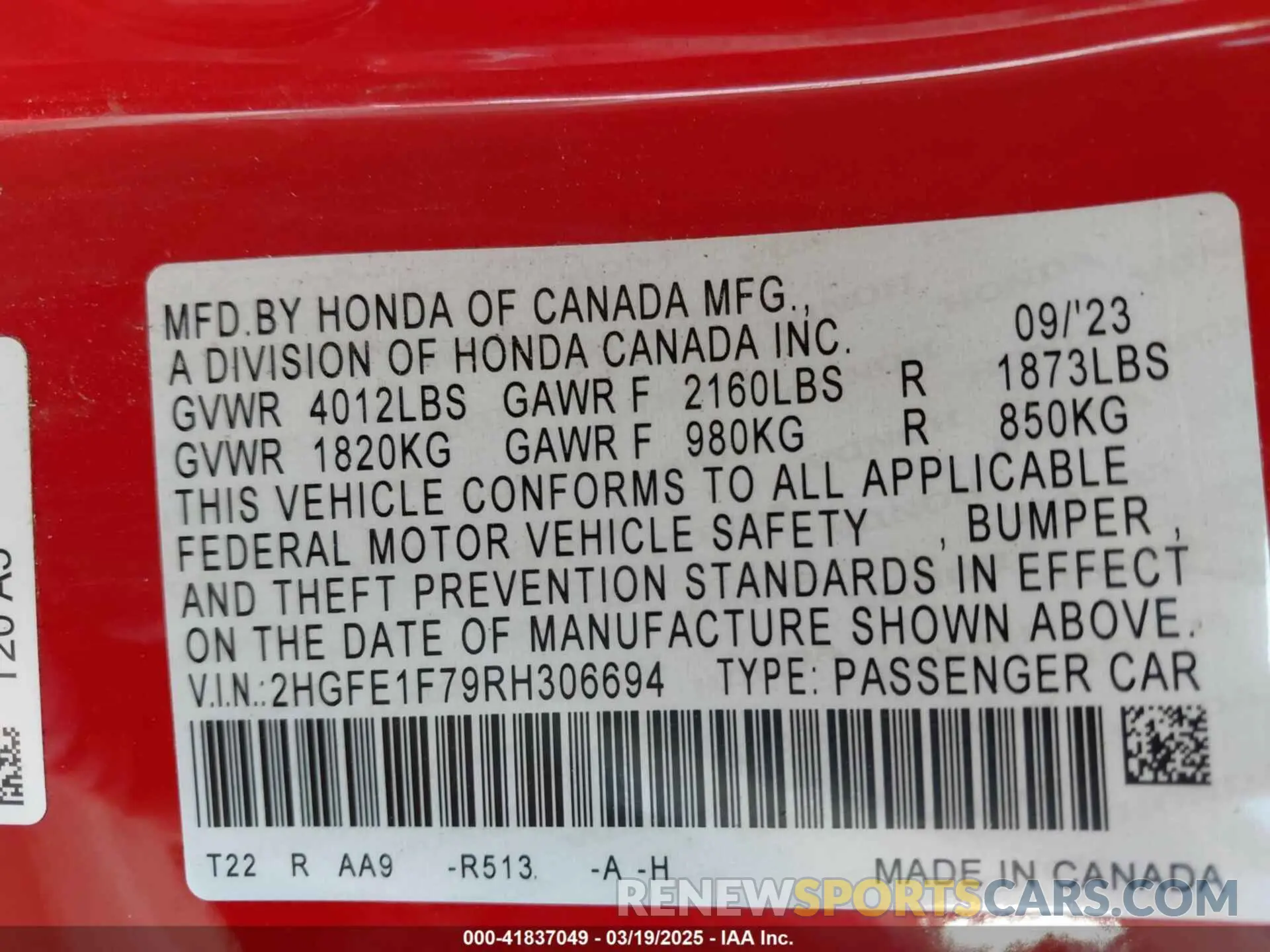 9 fotografías del automóvil dañado 2HGFE1F79RH306694 HONDA CIVIC 2024
