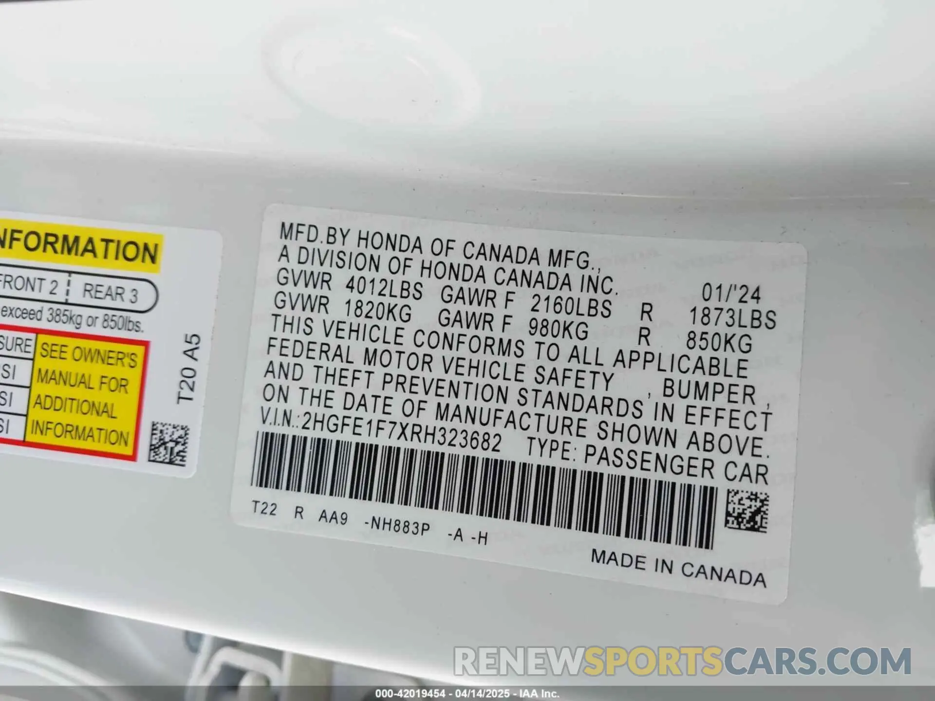 9 fotografías del automóvil dañado 2HGFE1F7XRH323682 HONDA CIVIC 2024