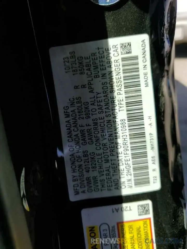 12 fotografías del automóvil dañado 2HGFE1F90RH310988 HONDA CIVIC 2024