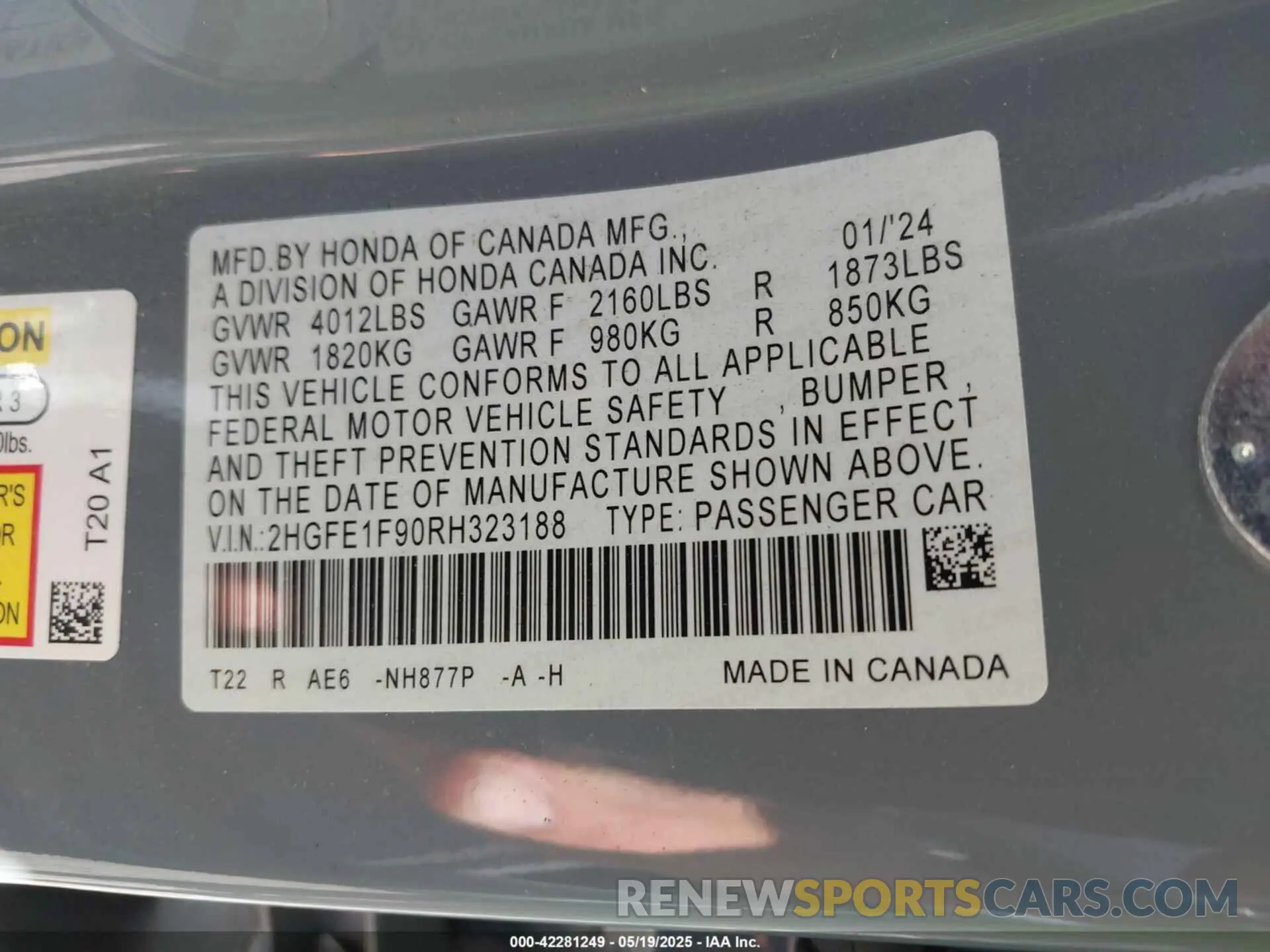 9 fotografías del automóvil dañado 2HGFE1F90RH323188 HONDA CIVIC 2024