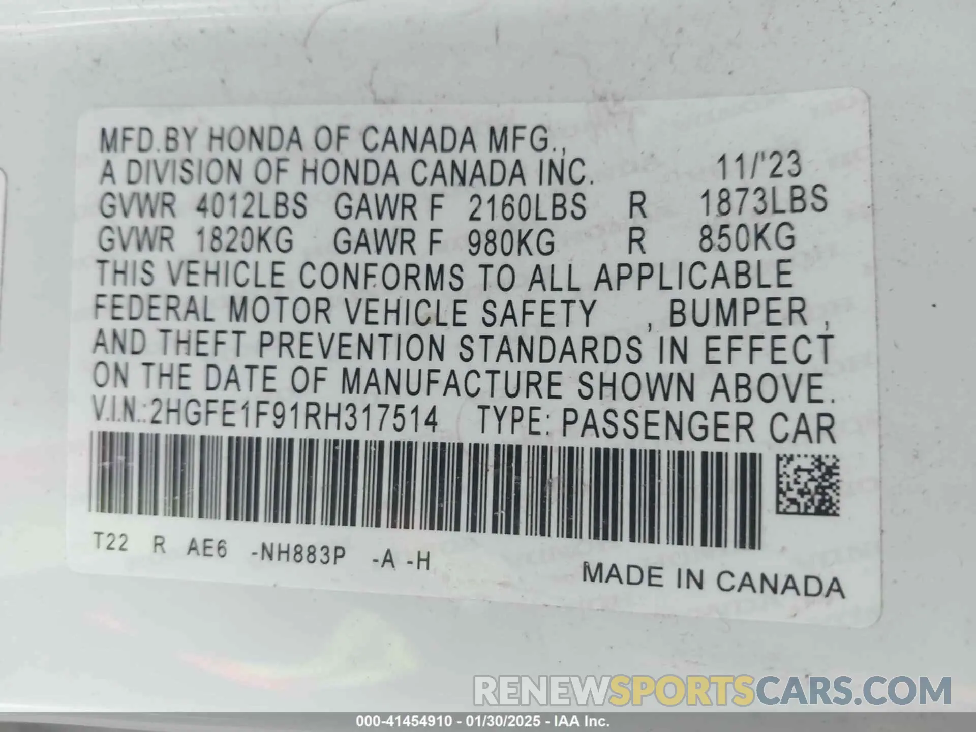 9 fotografías del automóvil dañado 2HGFE1F91RH317514 HONDA CIVIC 2024