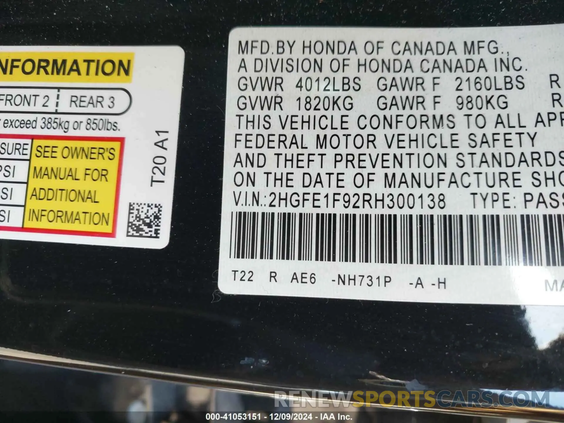 9 fotografías del automóvil dañado 2HGFE1F92RH300138 HONDA CIVIC 2024