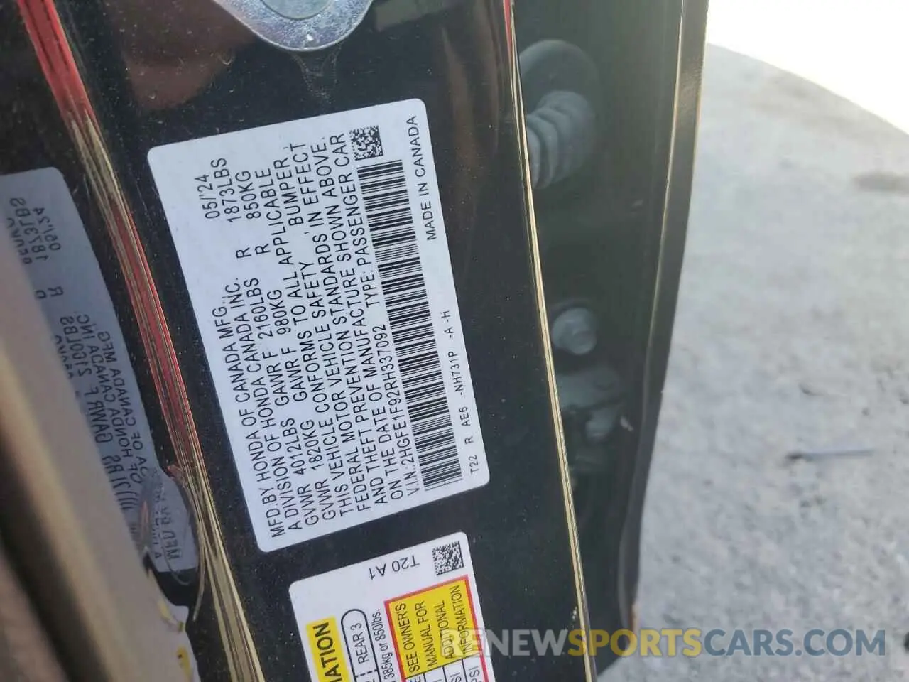 12 fotografías del automóvil dañado 2HGFE1F92RH337092 HONDA CIVIC 2024