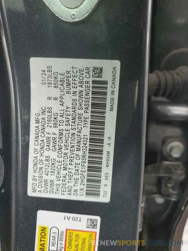 13 fotografías del automóvil dañado 2HGFE1F93RH324321 HONDA CIVIC 2024