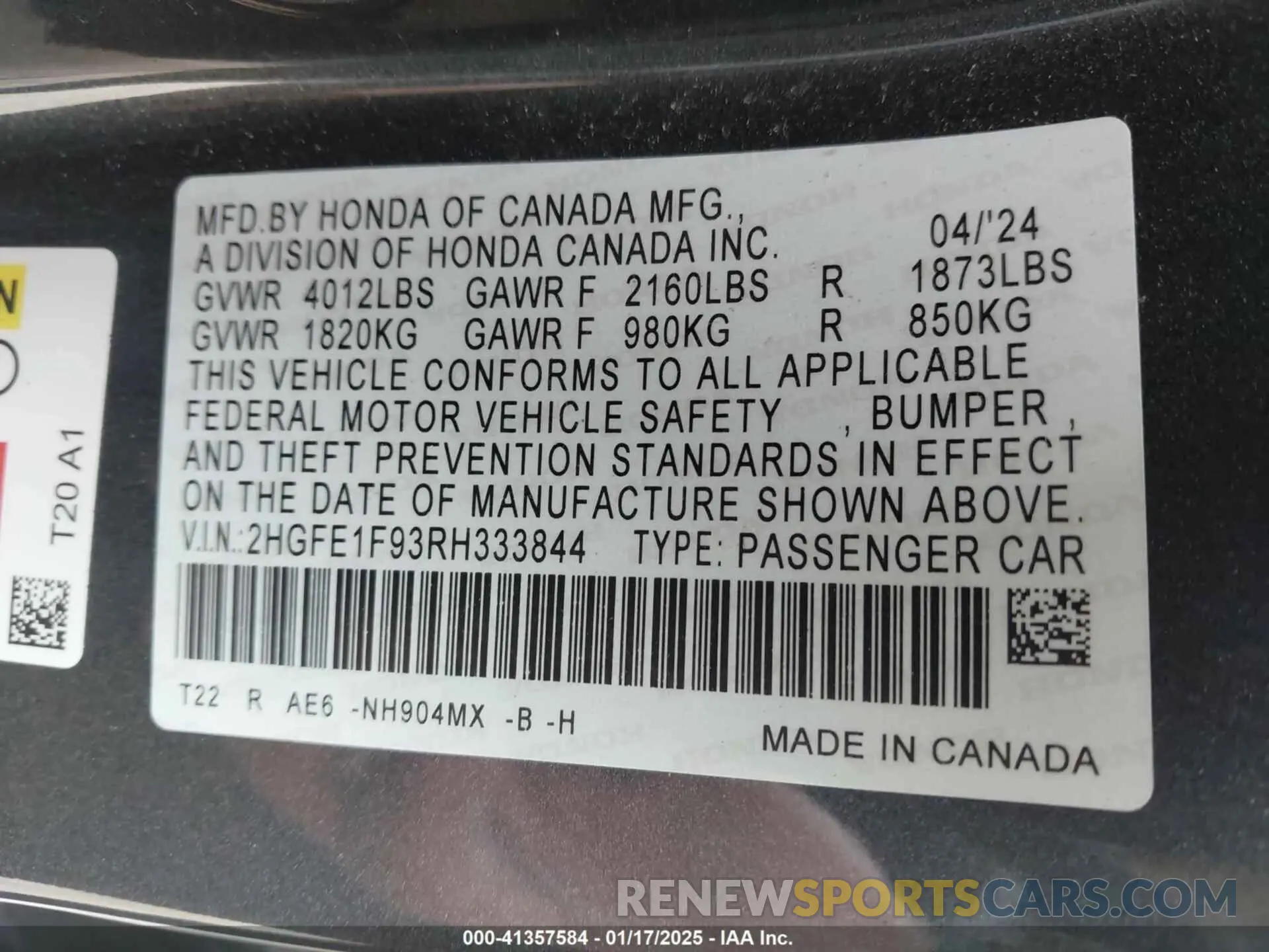 9 fotografías del automóvil dañado 2HGFE1F93RH333844 HONDA CIVIC 2024