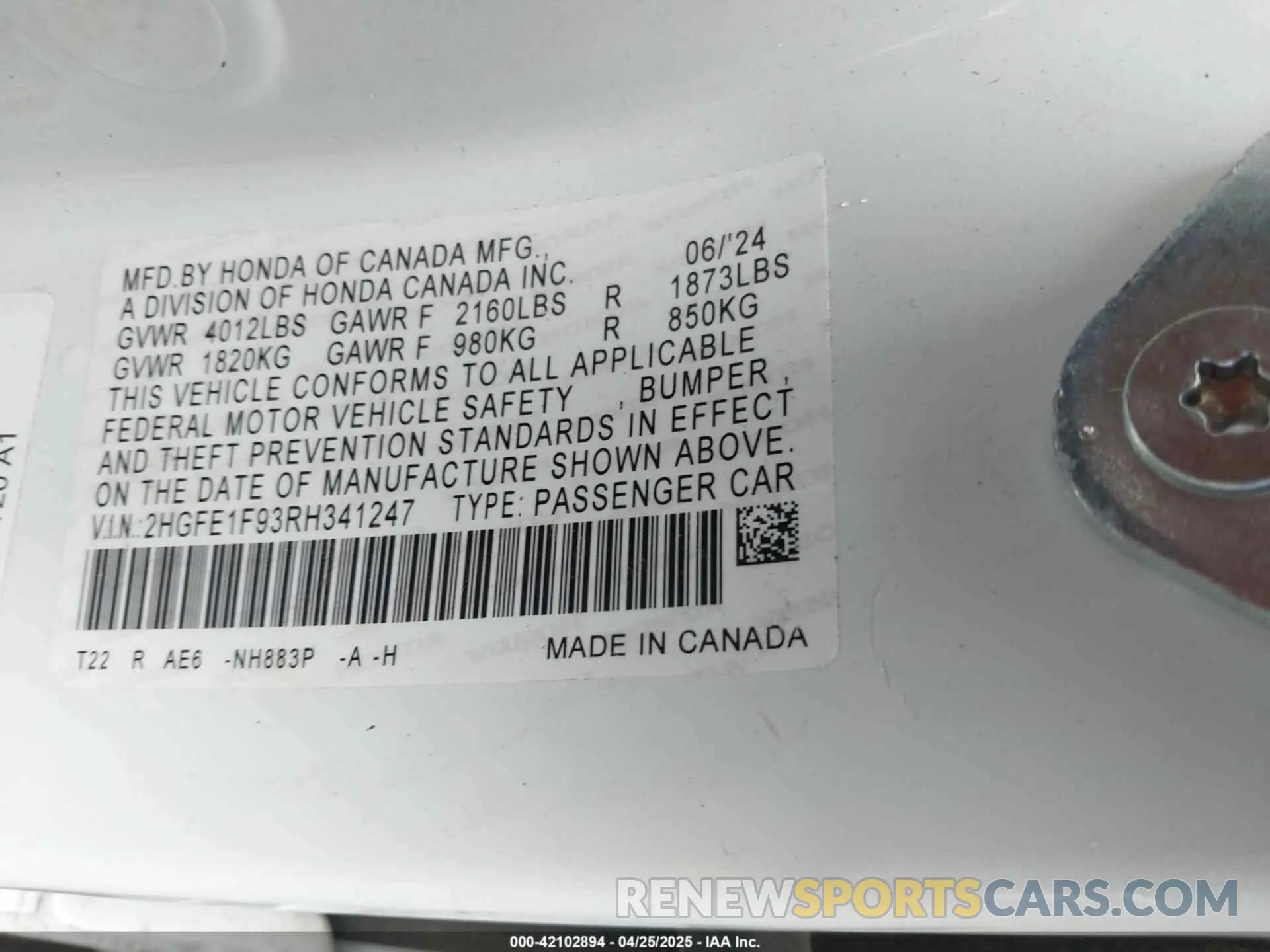 9 fotografías del automóvil dañado 2HGFE1F93RH341247 HONDA CIVIC 2024