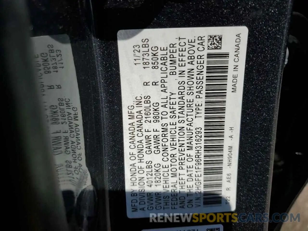 12 fotografías del automóvil dañado 2HGFE1F96RH316293 HONDA CIVIC 2024