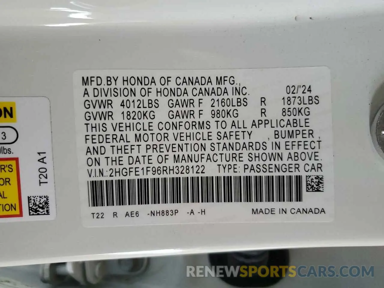12 fotografías del automóvil dañado 2HGFE1F96RH328122 HONDA CIVIC 2024