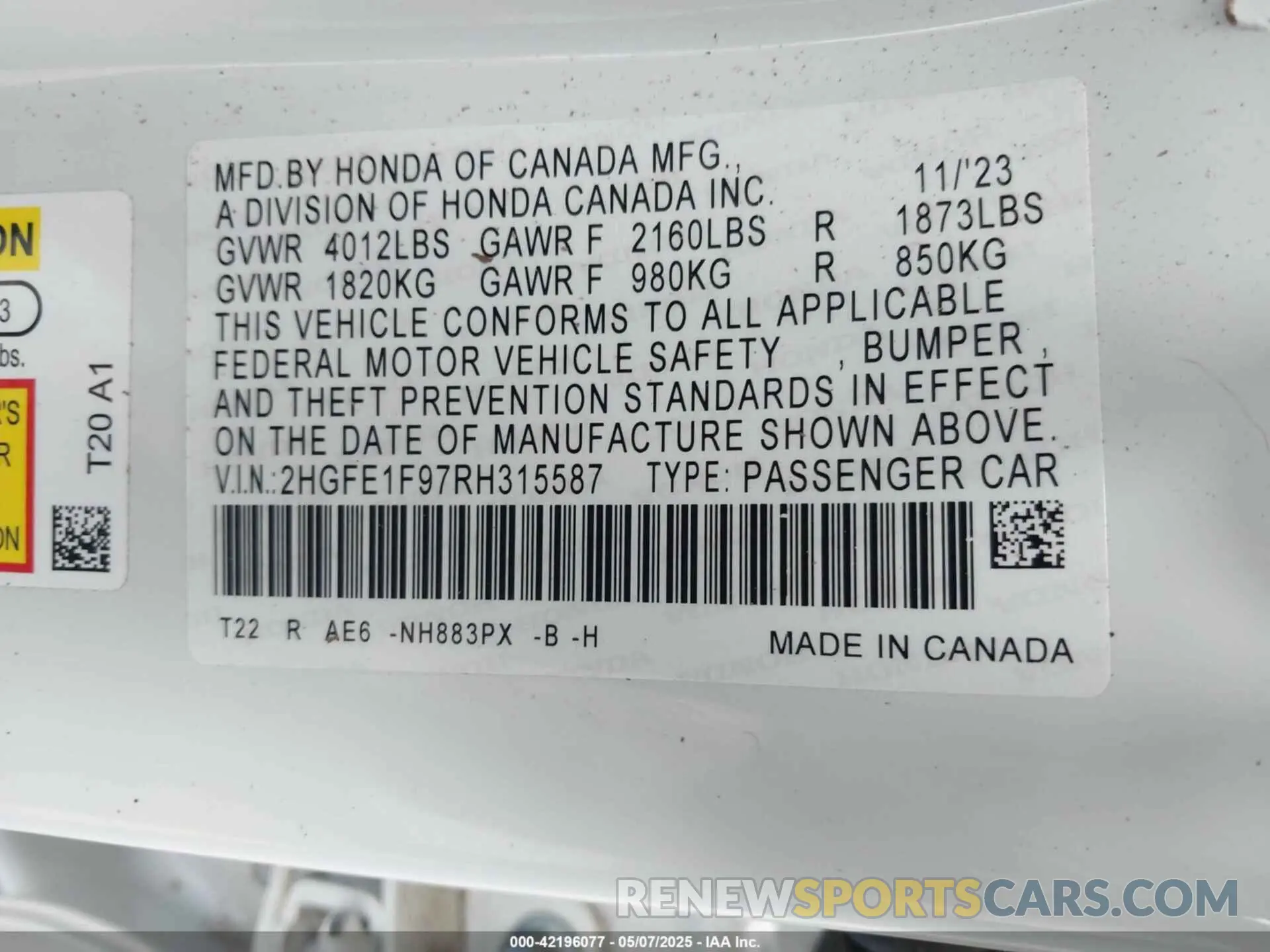 9 fotografías del automóvil dañado 2HGFE1F97RH315587 HONDA CIVIC 2024