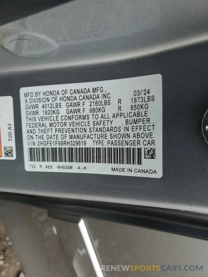 13 fotografías del automóvil dañado 2HGFE1F99RH329619 HONDA CIVIC 2024