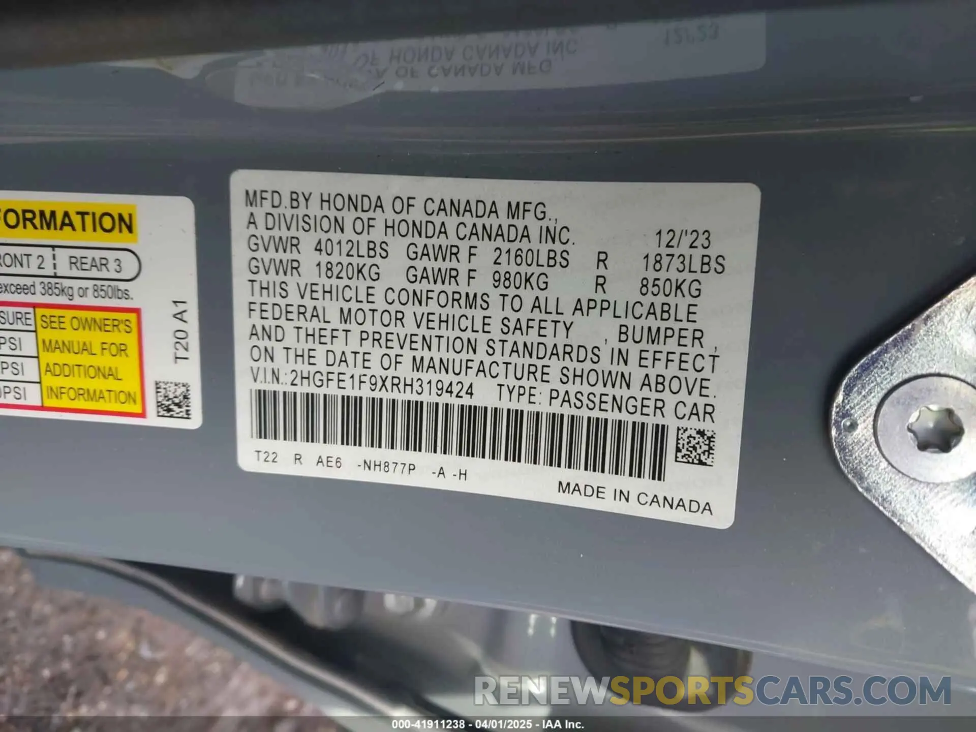 9 fotografías del automóvil dañado 2HGFE1F9XRH319424 HONDA CIVIC 2024