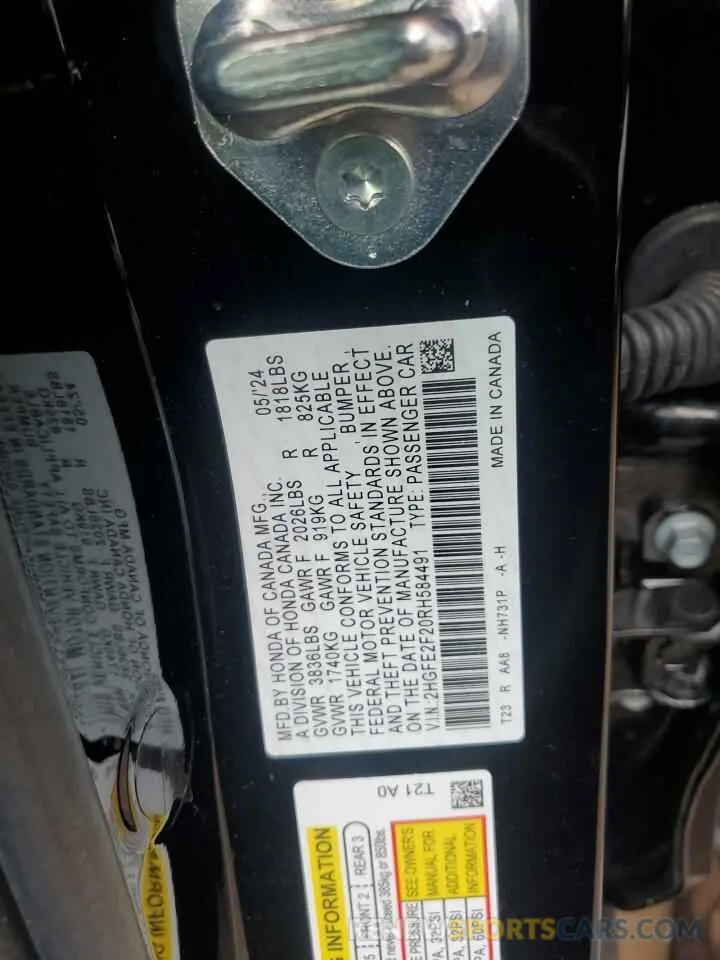 13 fotografías del automóvil dañado 2HGFE2F20RH584491 HONDA CIVIC 2024