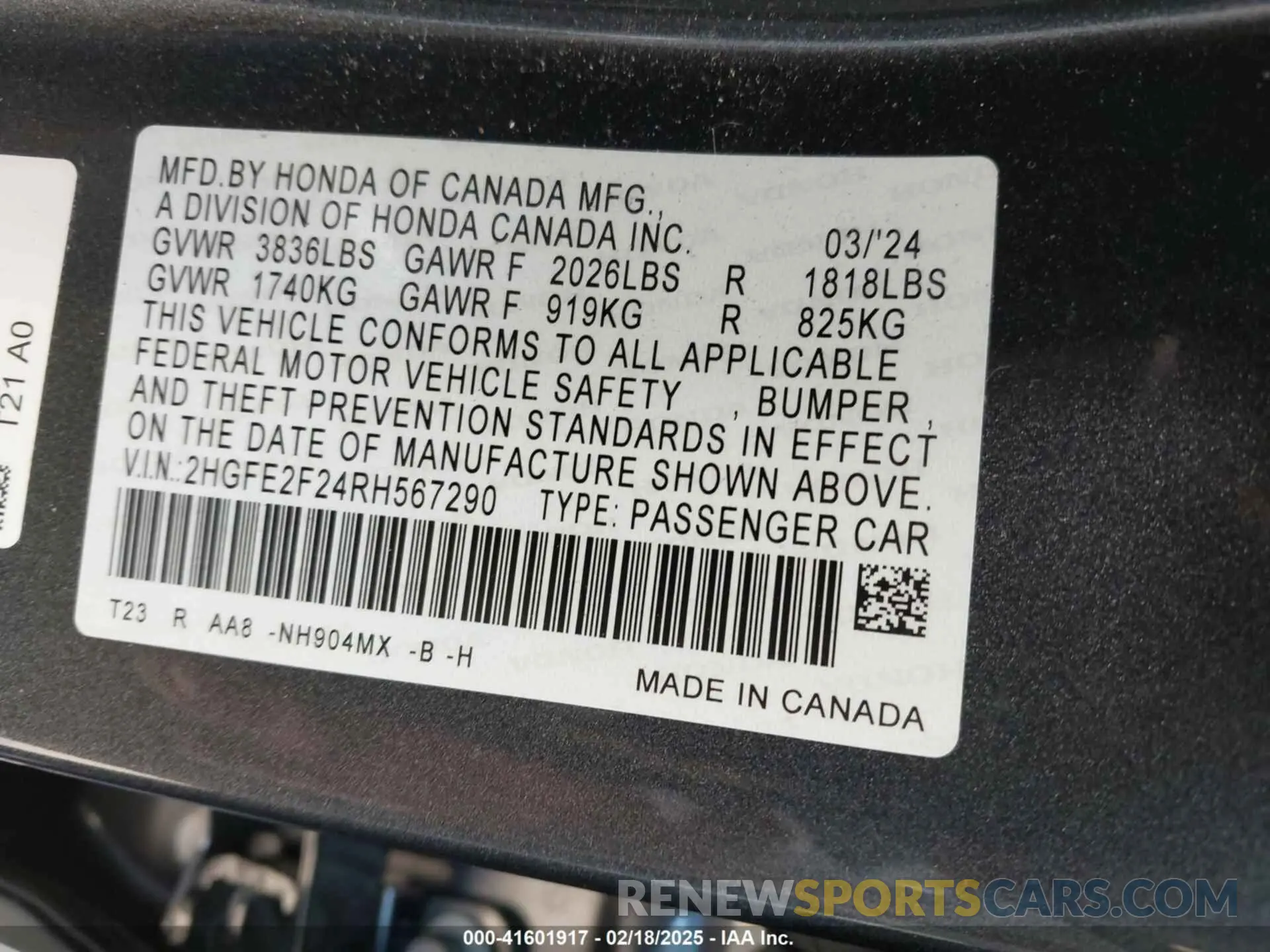 9 fotografías del automóvil dañado 2HGFE2F24RH567290 HONDA CIVIC 2024