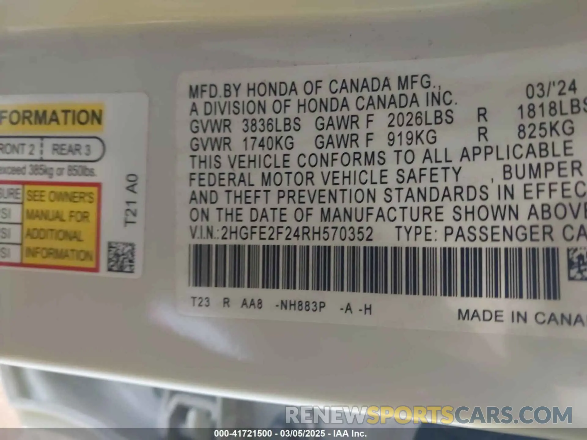 9 fotografías del automóvil dañado 2HGFE2F24RH570352 HONDA CIVIC 2024