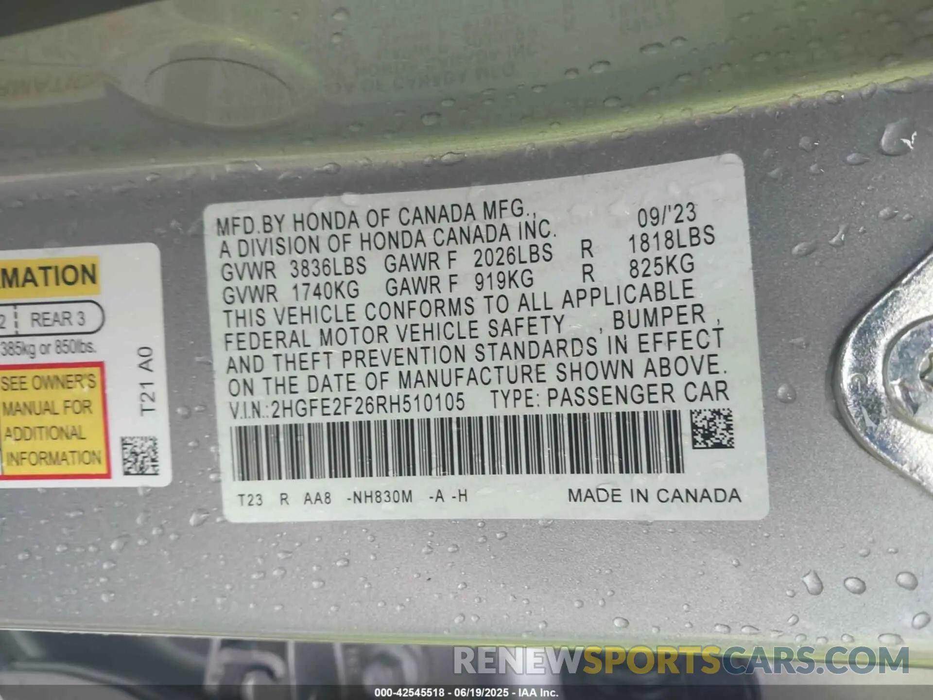 9 fotografías del automóvil dañado 2HGFE2F26RH510105 HONDA CIVIC 2024