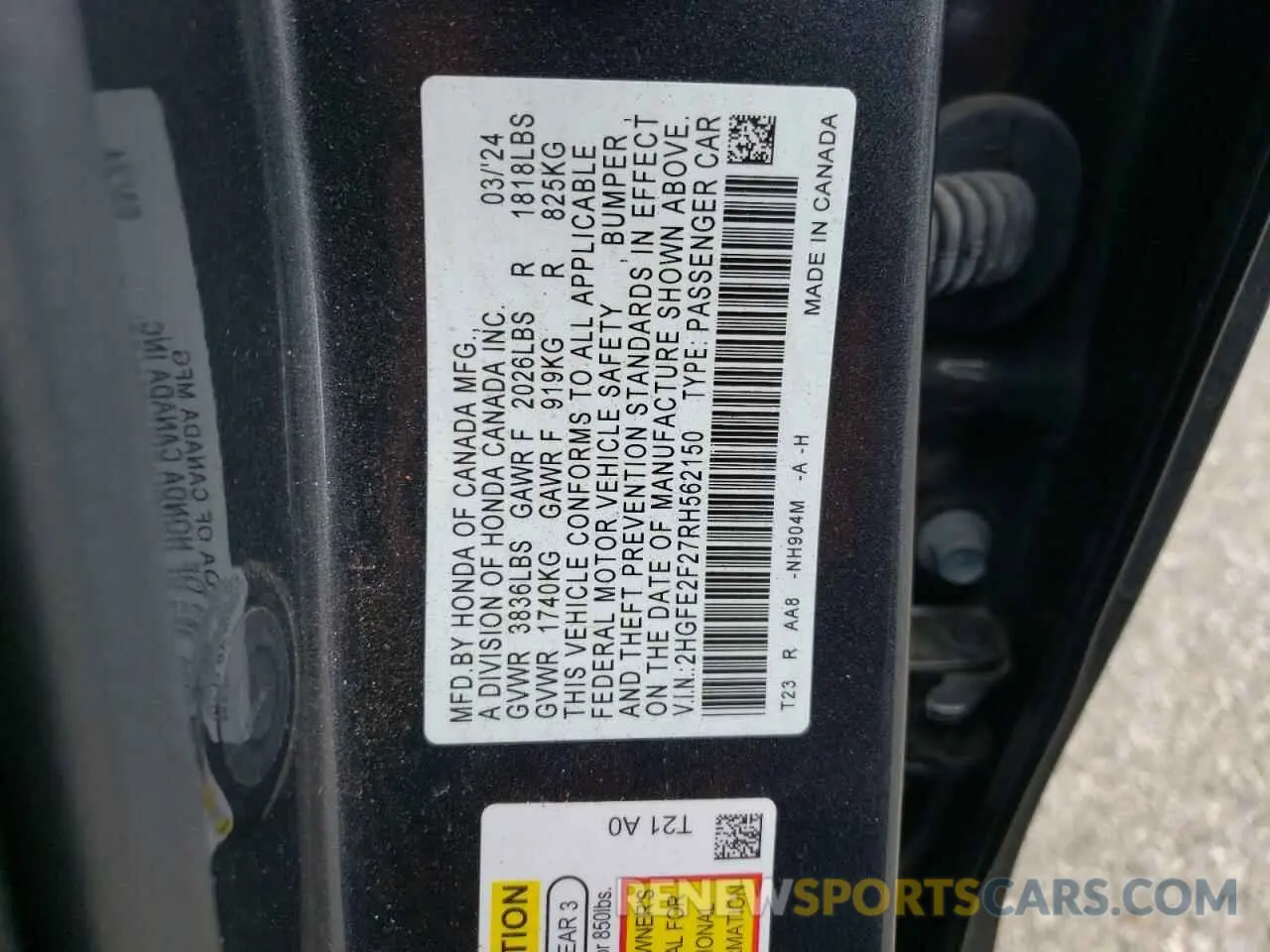 14 fotografías del automóvil dañado 2HGFE2F27RH562150 HONDA CIVIC 2024