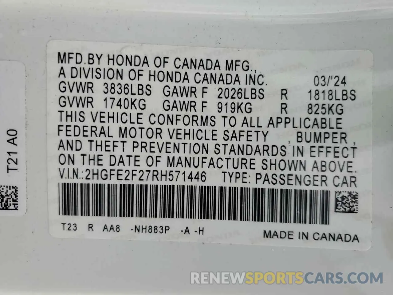13 fotografías del automóvil dañado 2HGFE2F27RH571446 HONDA CIVIC 2024