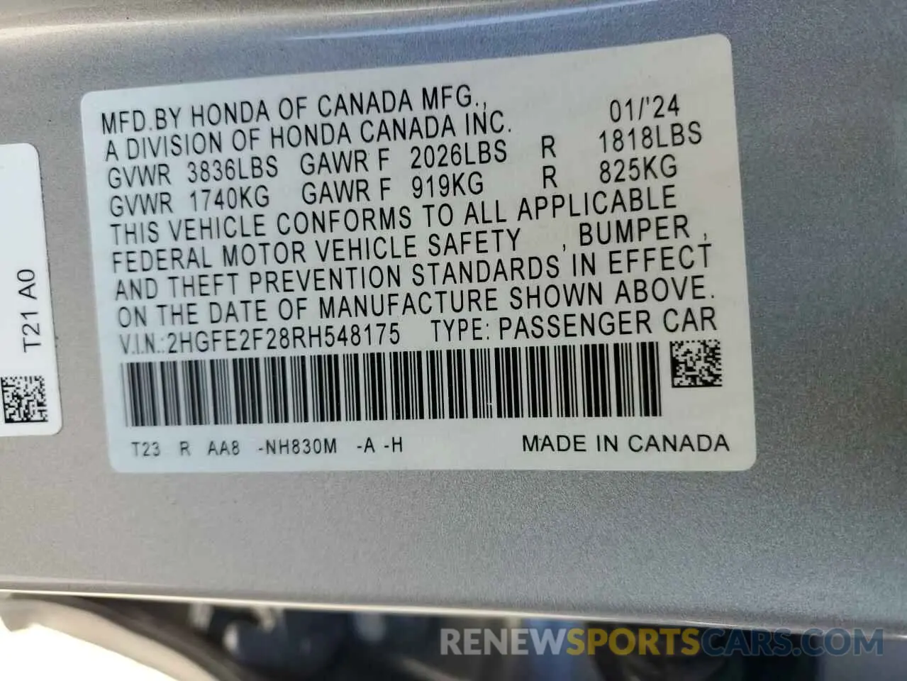 14 fotografías del automóvil dañado 2HGFE2F28RH548175 HONDA CIVIC 2024