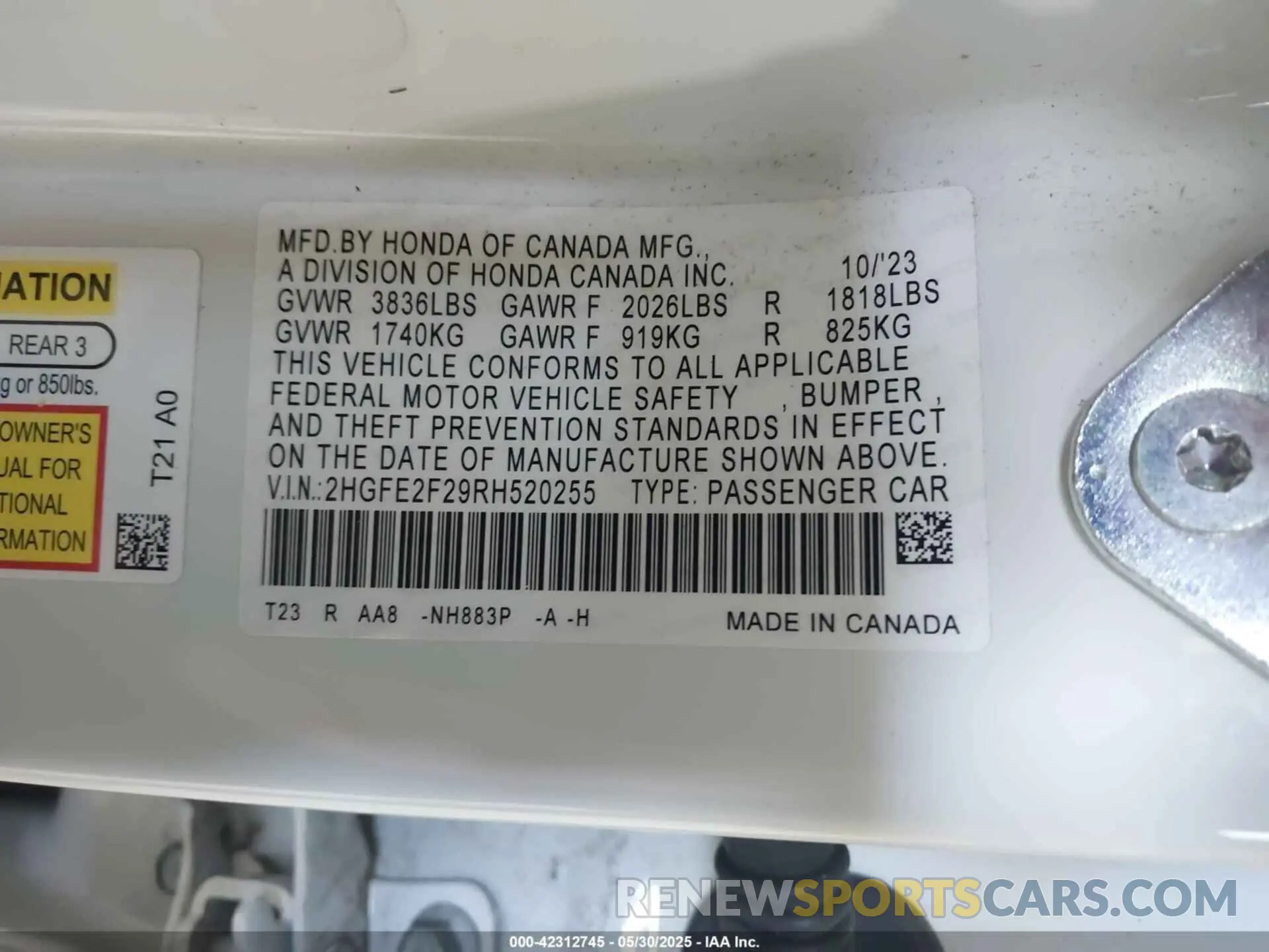 9 fotografías del automóvil dañado 2HGFE2F29RH520255 HONDA CIVIC 2024