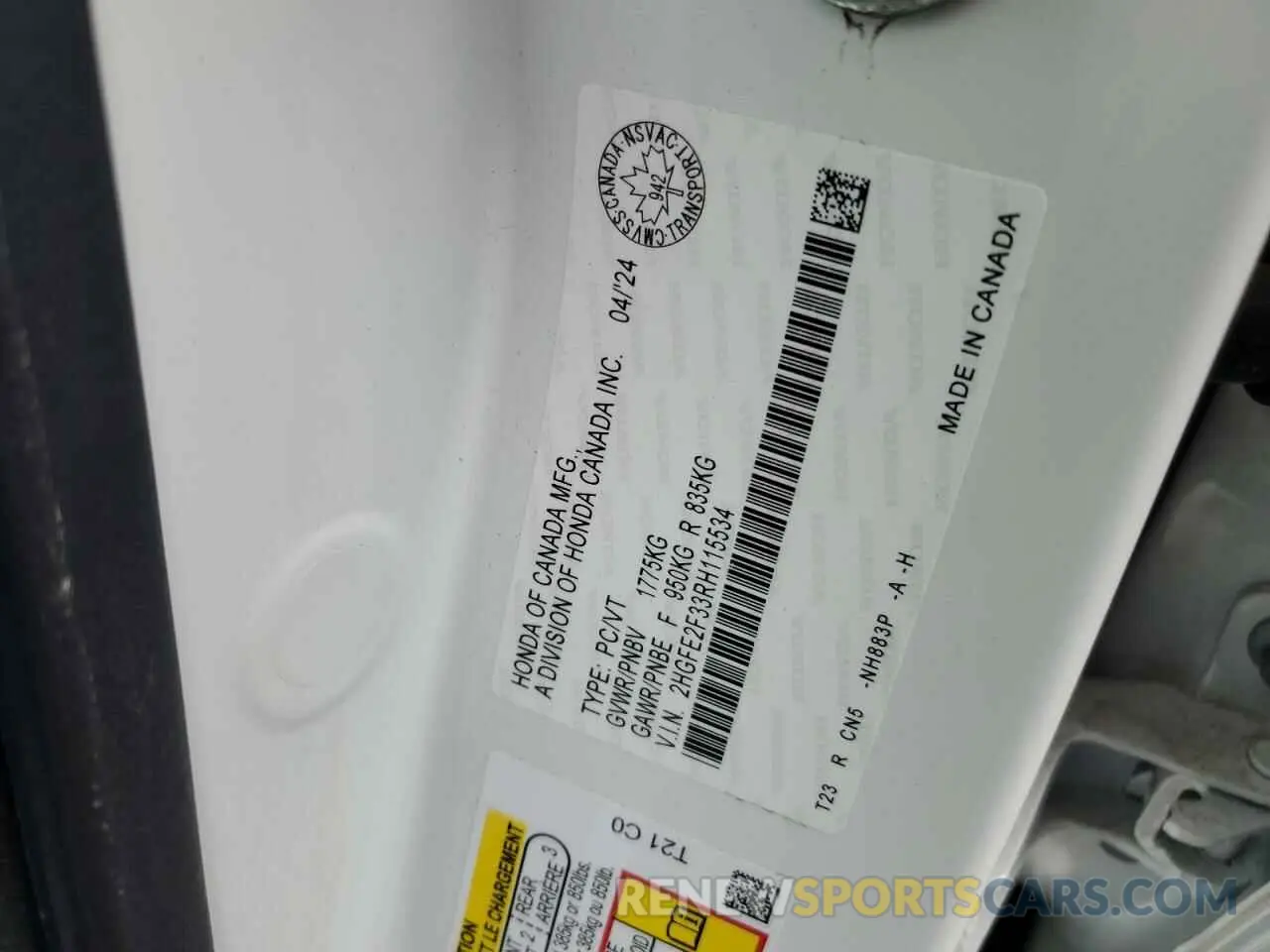 12 fotografías del automóvil dañado 2HGFE2F33RH115534 HONDA CIVIC 2024