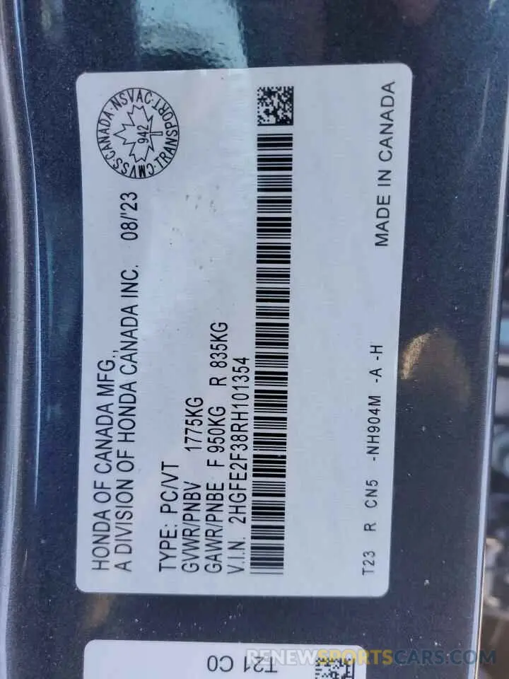 12 fotografías del automóvil dañado 2HGFE2F38RH101354 HONDA CIVIC 2024