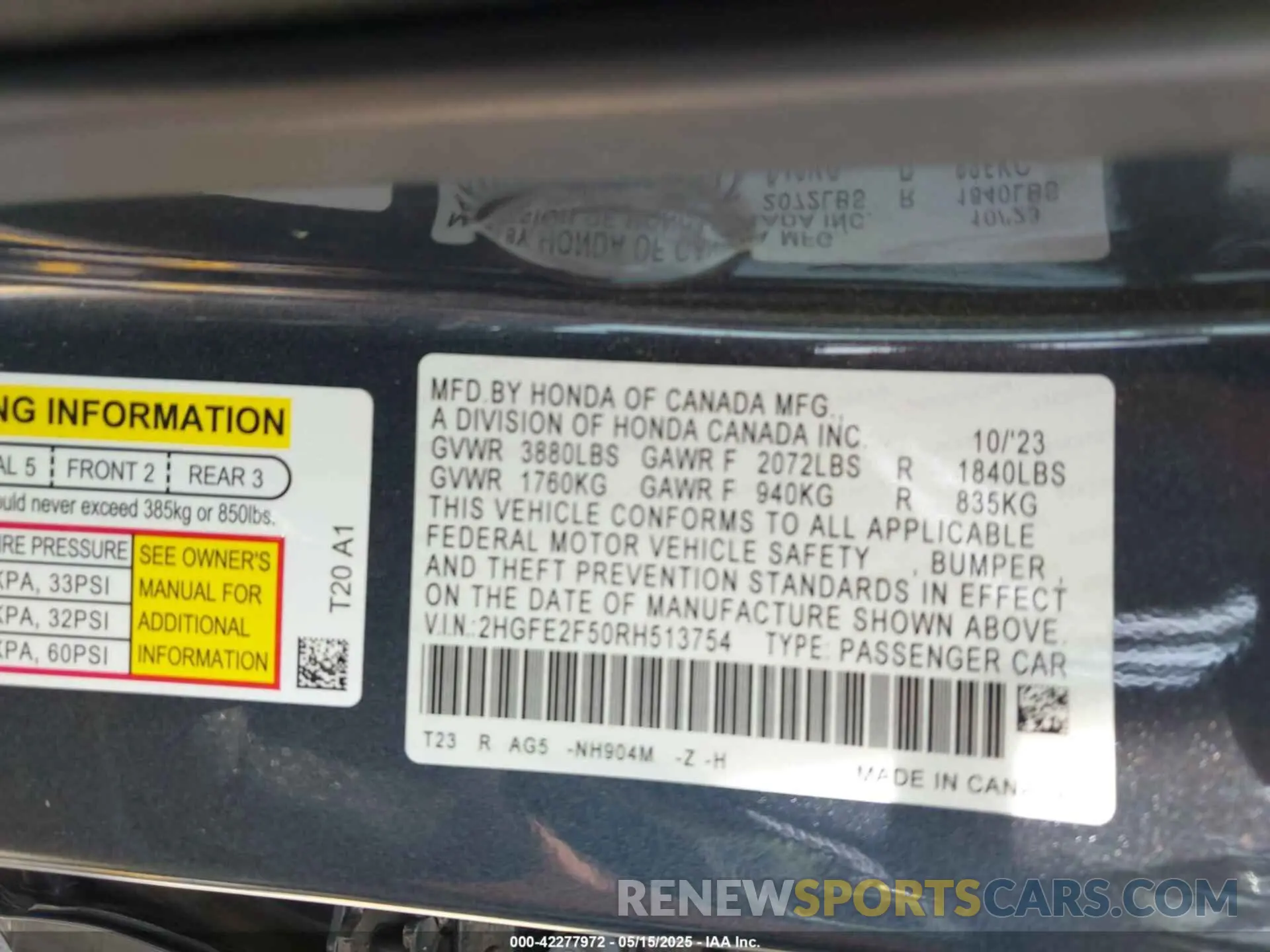 9 fotografías del automóvil dañado 2HGFE2F50RH513754 HONDA CIVIC 2024