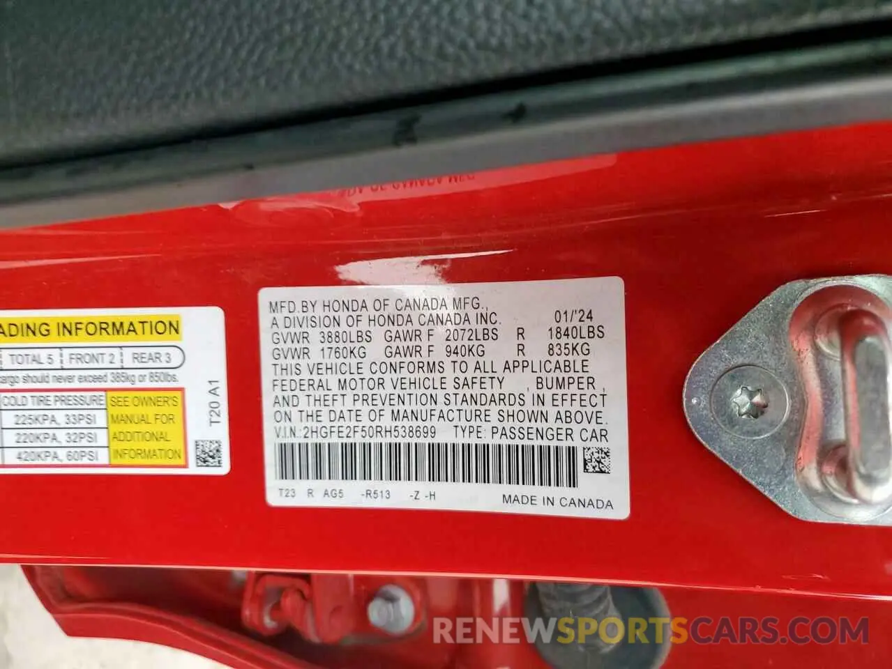 12 fotografías del automóvil dañado 2HGFE2F50RH538699 HONDA CIVIC 2024