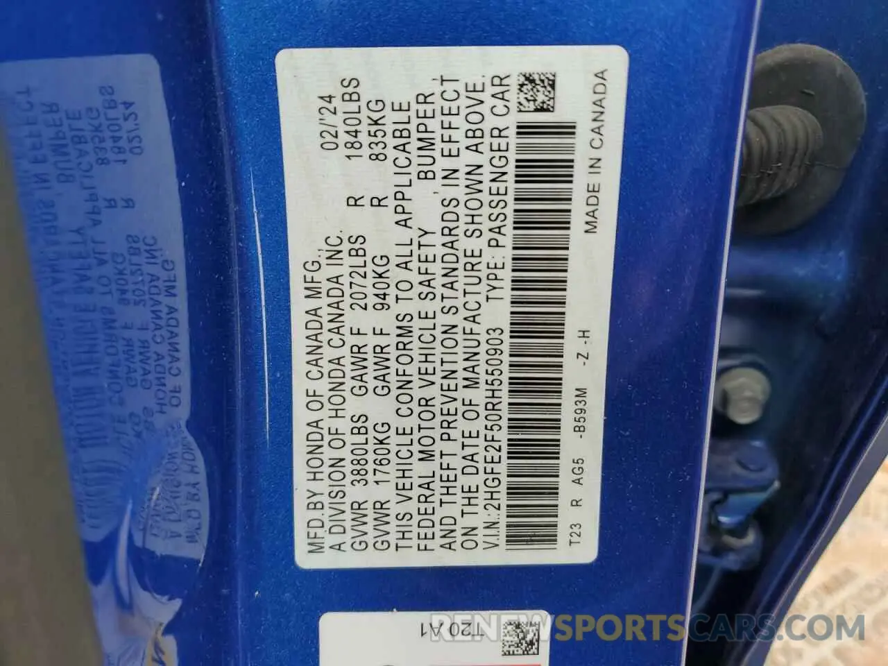 12 fotografías del automóvil dañado 2HGFE2F50RH550903 HONDA CIVIC 2024