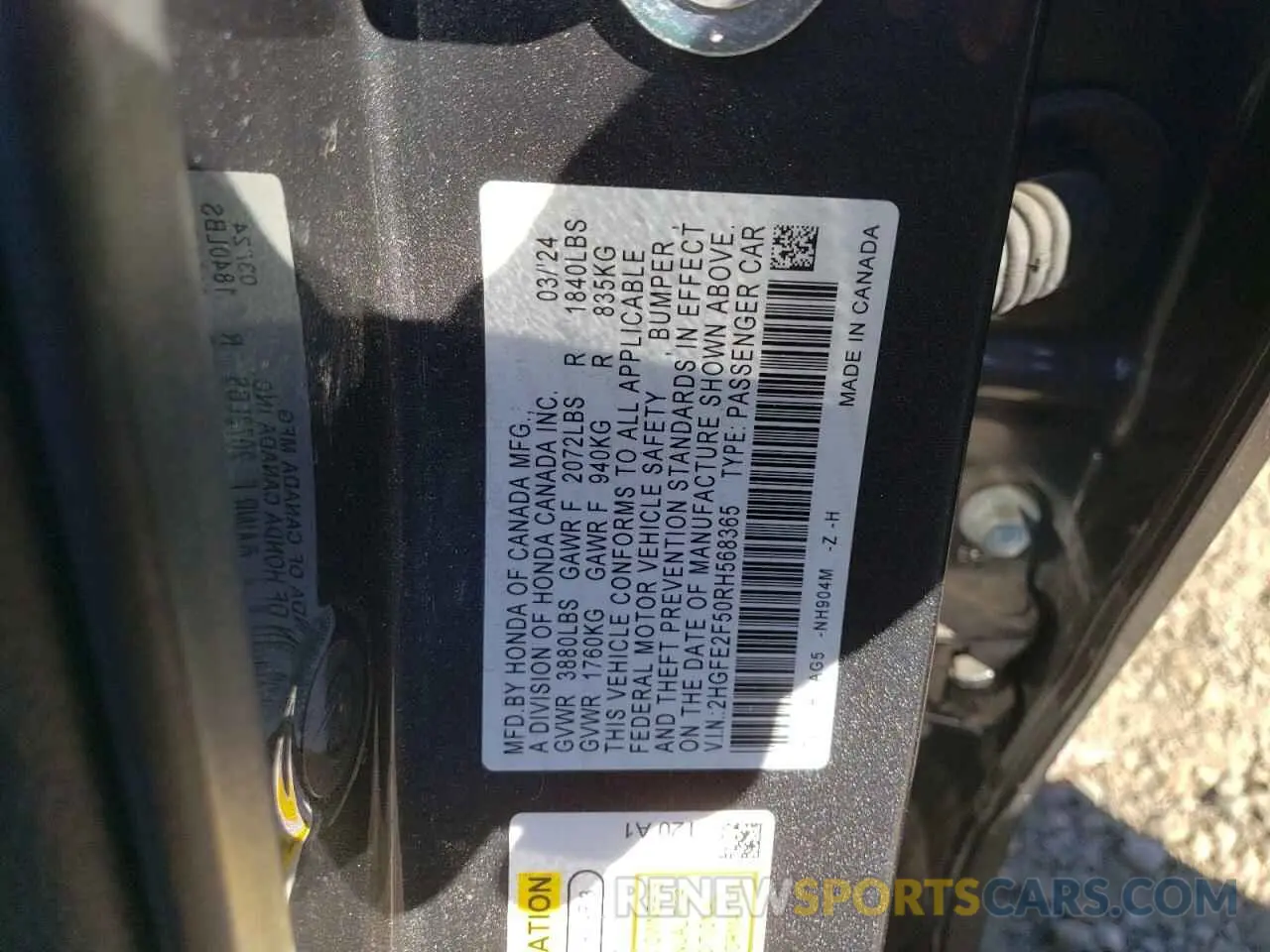 12 fotografías del automóvil dañado 2HGFE2F50RH568365 HONDA CIVIC 2024