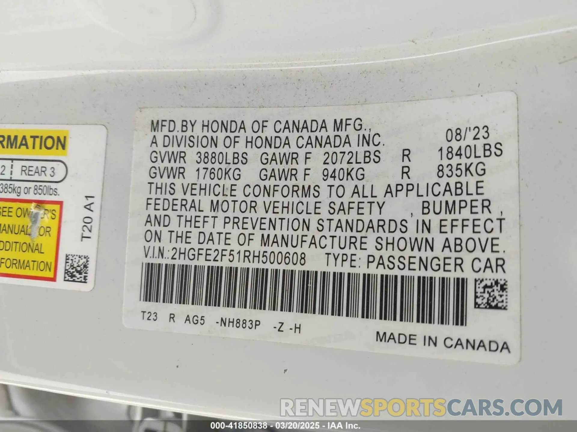 9 fotografías del automóvil dañado 2HGFE2F51RH500608 HONDA CIVIC 2024