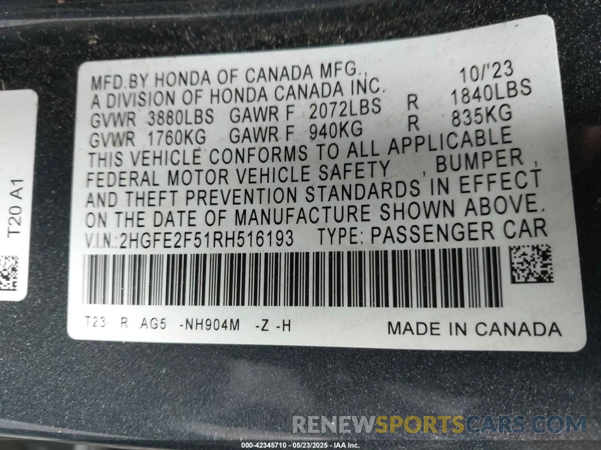 9 fotografías del automóvil dañado 2HGFE2F51RH516193 HONDA CIVIC 2024