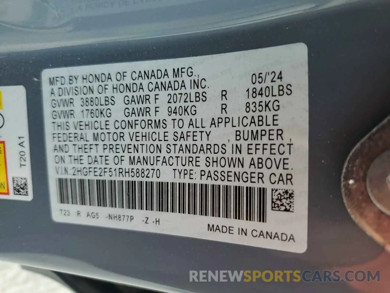 15 fotografías del automóvil dañado 2HGFE2F51RH588270 HONDA CIVIC 2024