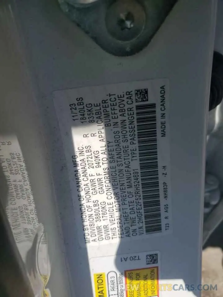 12 fotografías del automóvil dañado 2HGFE2F52RH524691 HONDA CIVIC 2024
