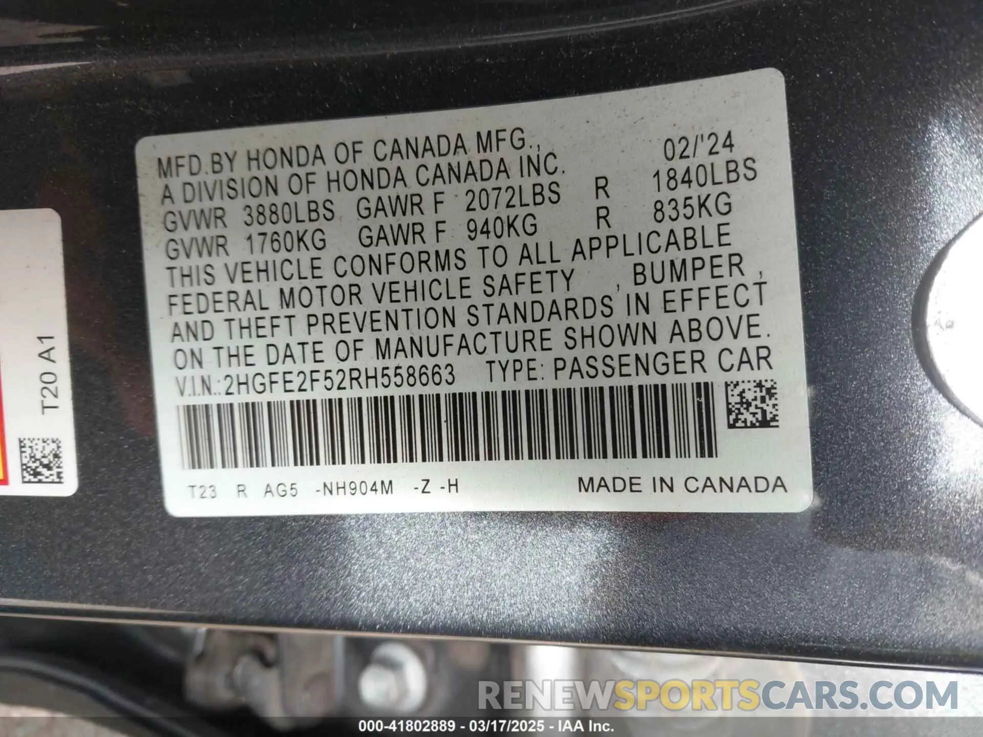 9 fotografías del automóvil dañado 2HGFE2F52RH558663 HONDA CIVIC 2024