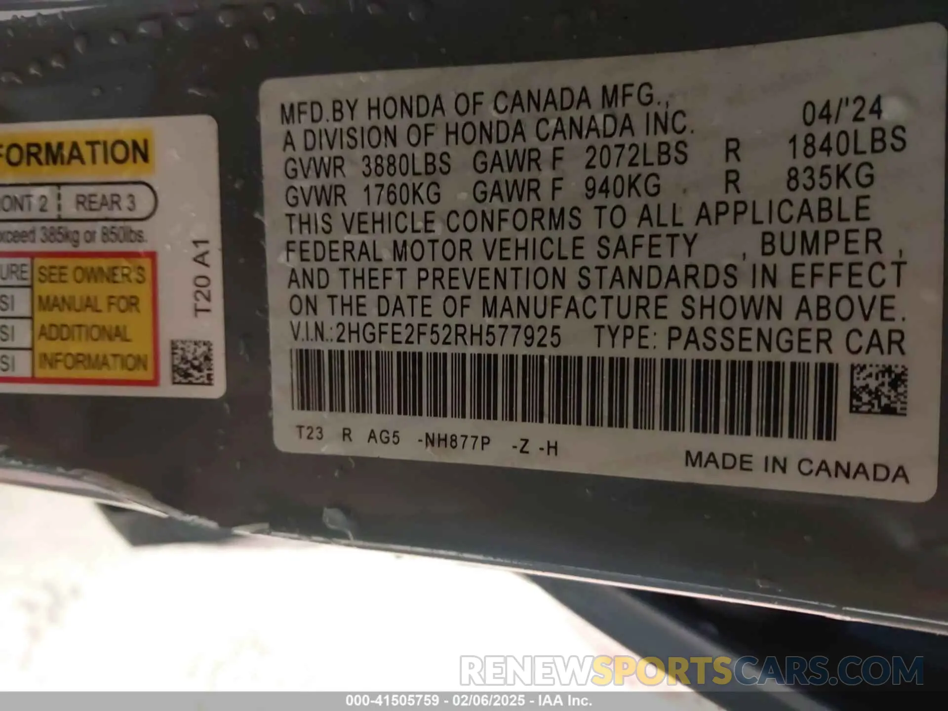 9 fotografías del automóvil dañado 2HGFE2F52RH577925 HONDA CIVIC 2024