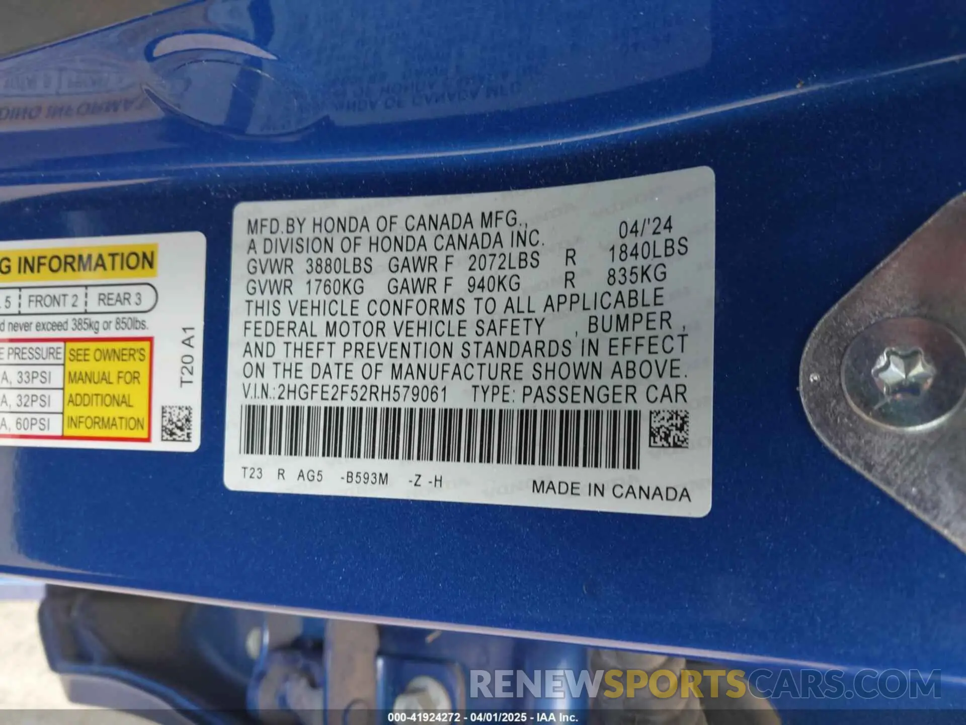 9 fotografías del automóvil dañado 2HGFE2F52RH579061 HONDA CIVIC 2024