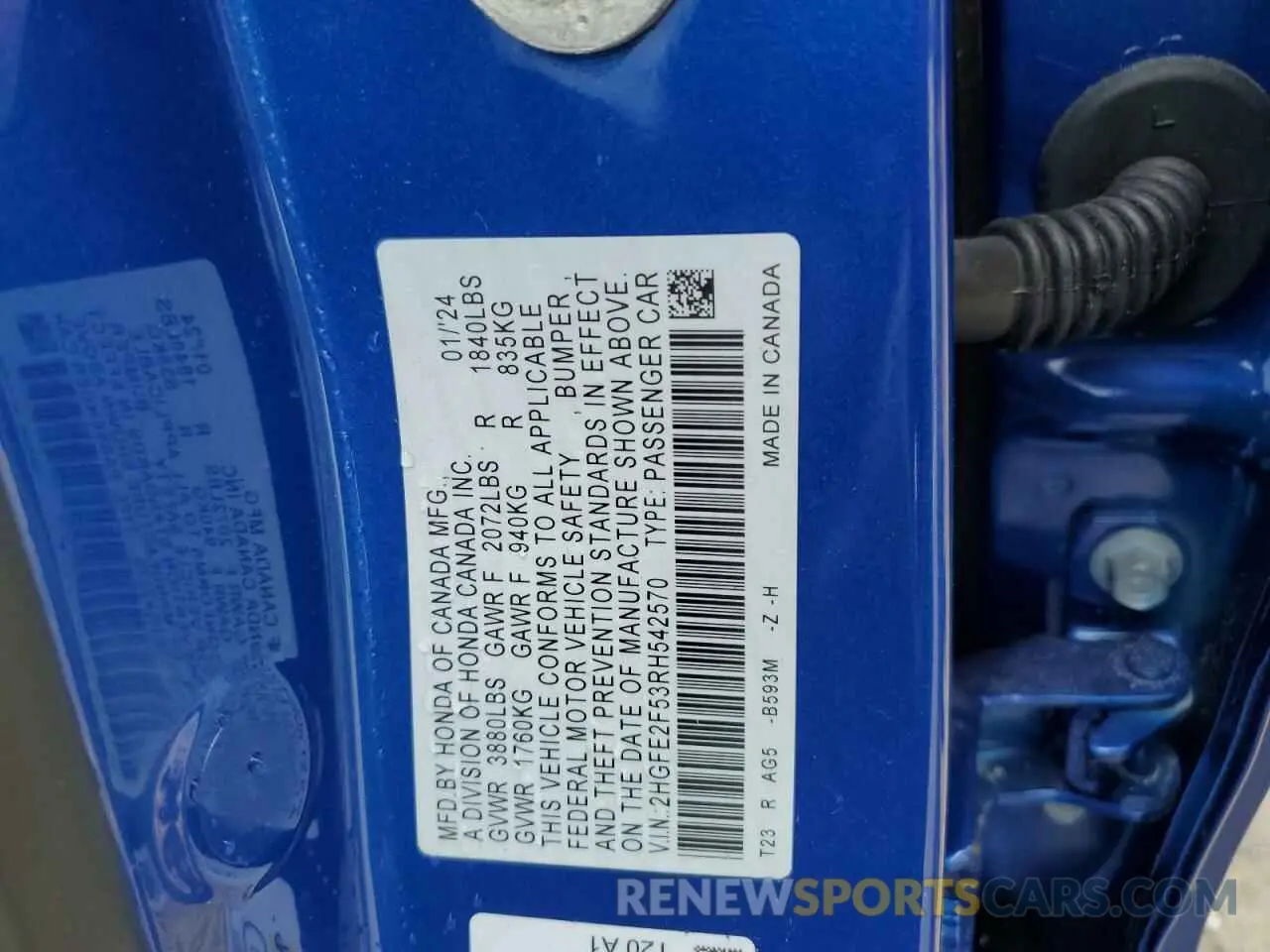 13 fotografías del automóvil dañado 2HGFE2F53RH542570 HONDA CIVIC 2024